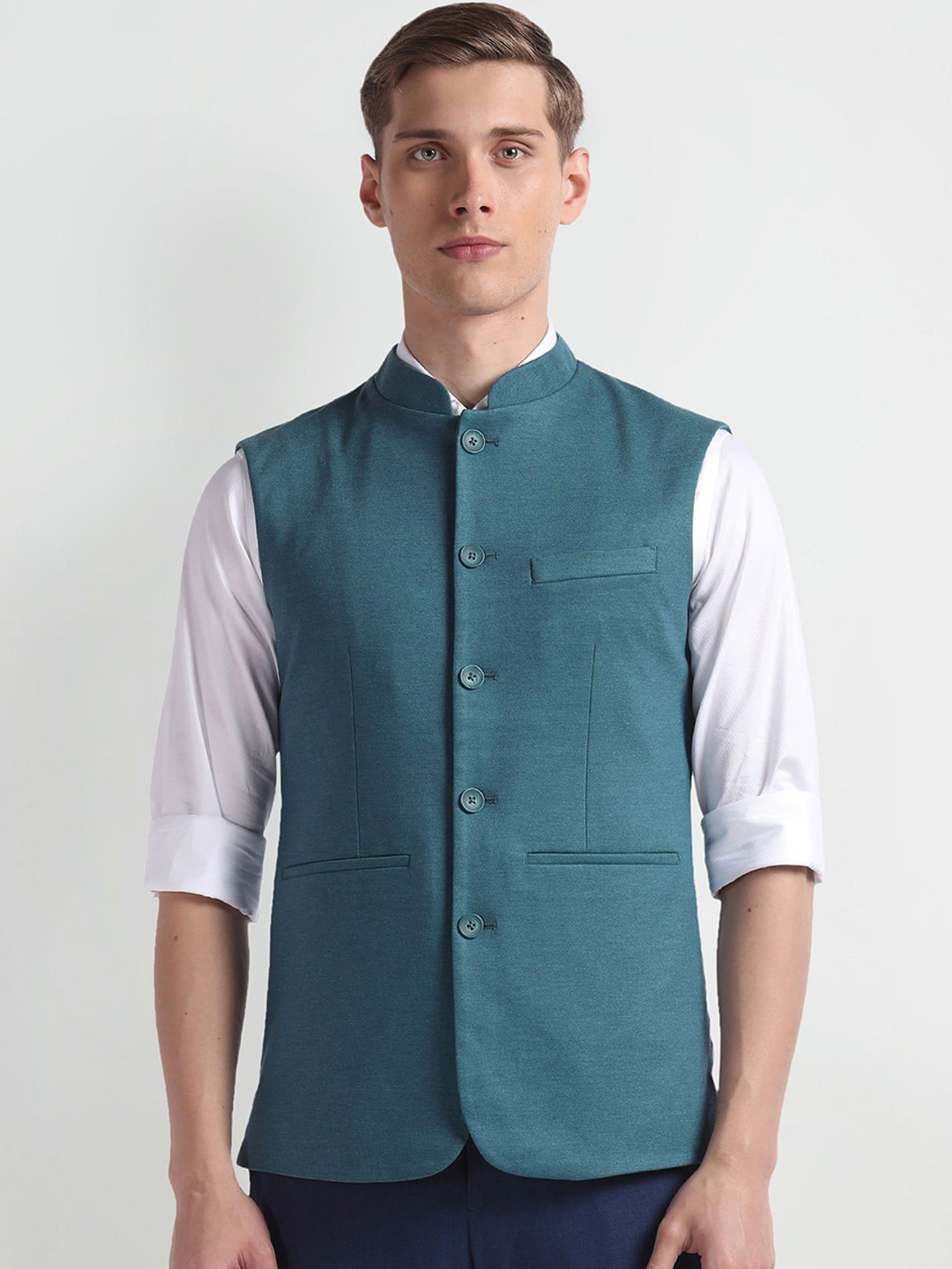 

Arrow Mandarin Collar Nehru Jacket, Teal