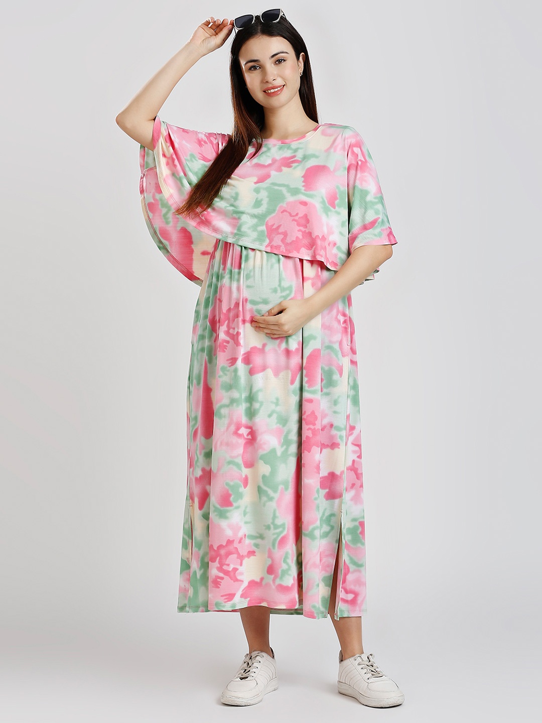 

True Shape Women Printed Gown Maxi Maternity Ethnic Dress With Attached Nursing Cape, Pink