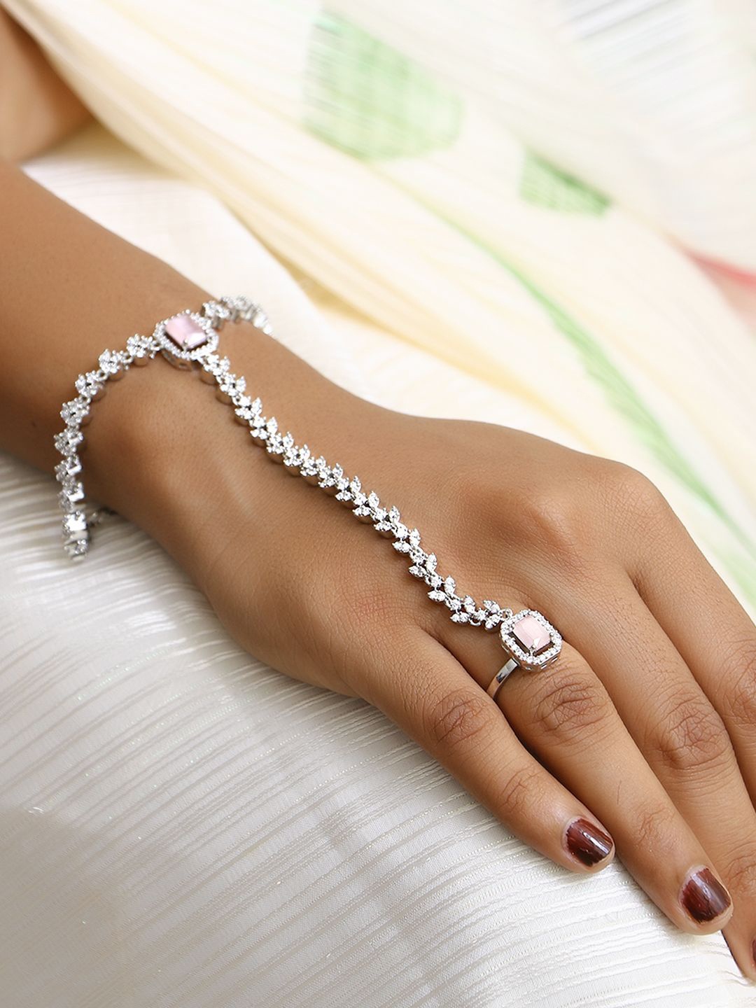

Adwitiya Collection Rhodium Plated Cubic Zirconia Ring Bracelet, Silver