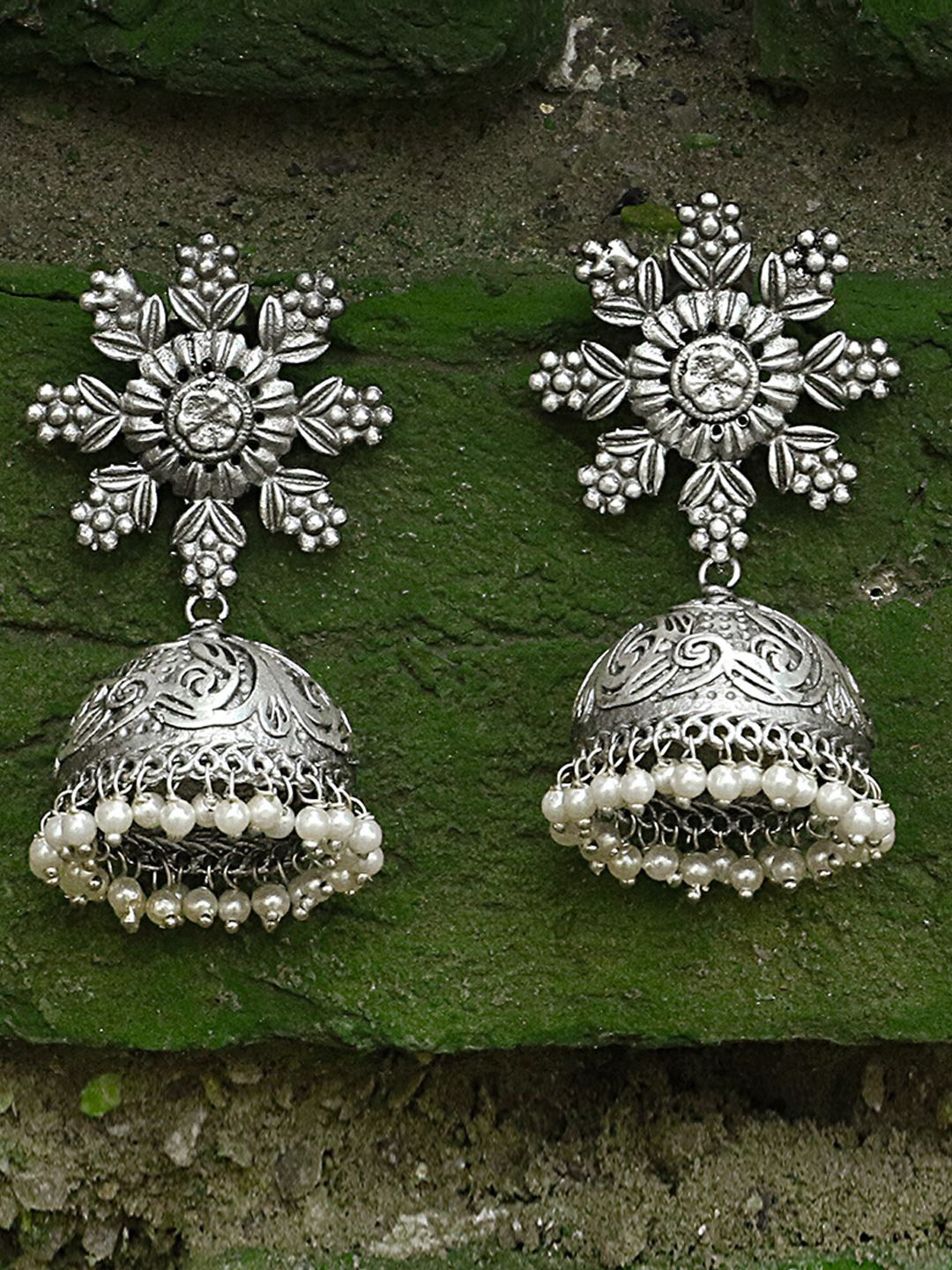 

Adwitiya Collection Silver-Plated Beaded Dome Shaped Oxidised Jhumkas