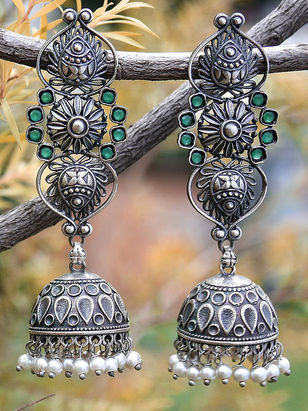 

Adwitiya Collection Silver-Plated Stones Studded & Beaded Dome Shaped Oxidised Jhumkas