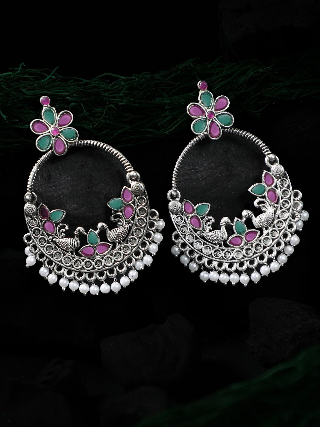 

Adwitiya Collection Silver-Plated Stones Studded & Beaded Circular Drop Earrings