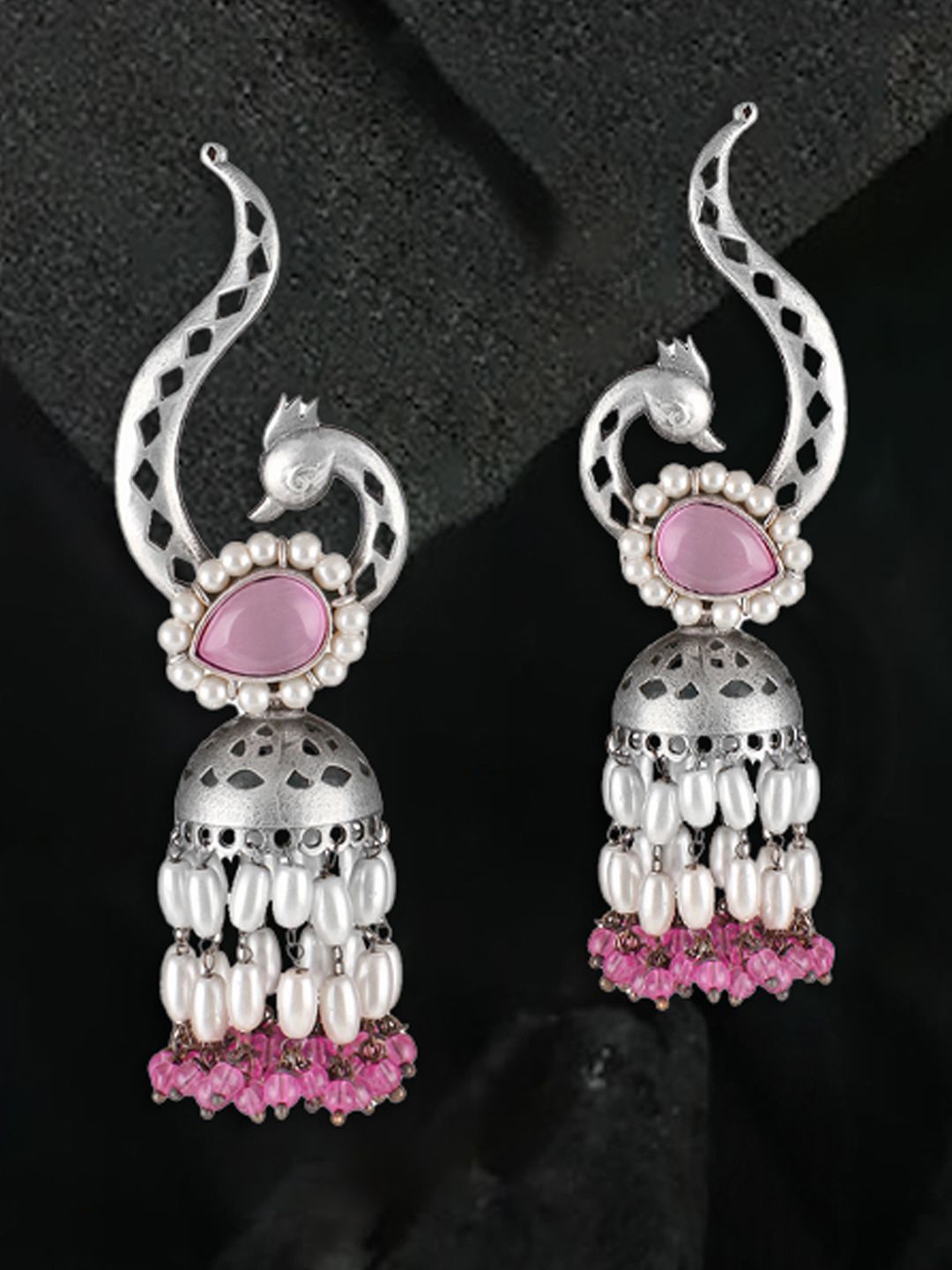 

Adwitiya Collection Silver-Plated Oxidised Stone Studded & Beaded Jhumkas