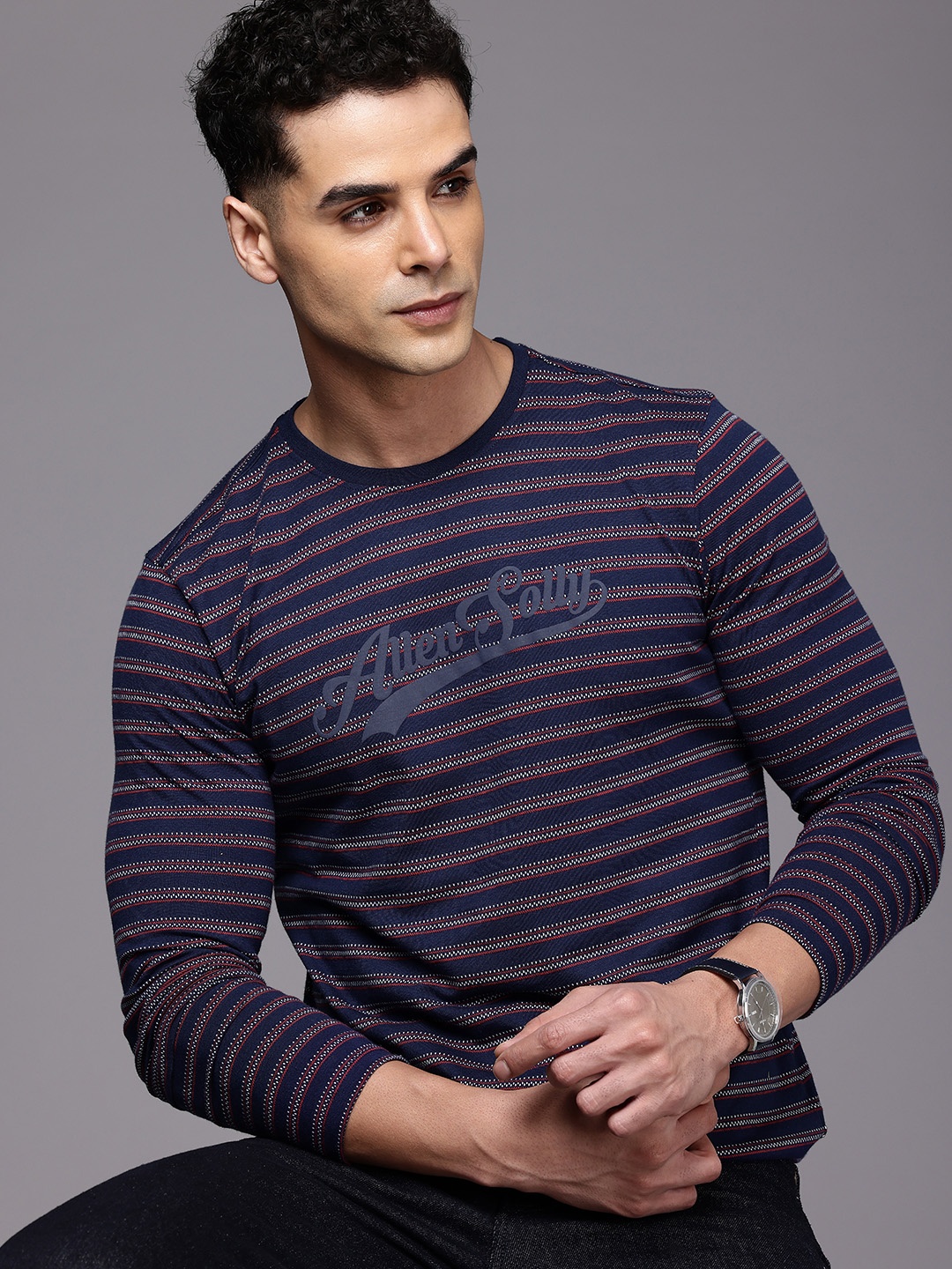

Allen Solly Self Designed Slim Fit Pure Cotton T-shirt, Navy blue