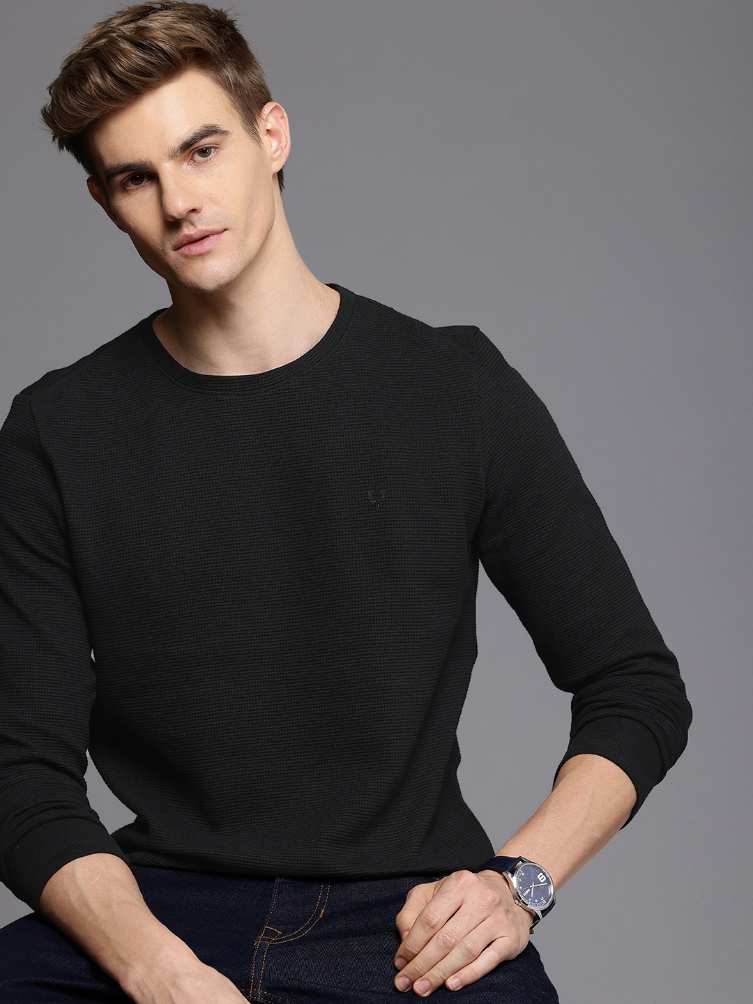

Allen Solly Pure Cotton Self Design Slim Fit T-shirt, Black