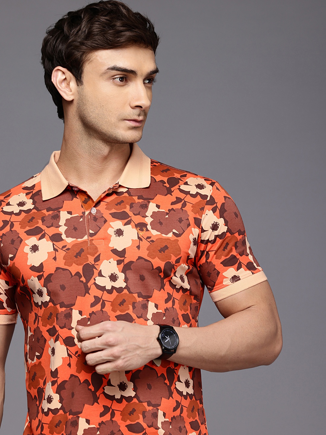 

Allen Solly Polo Collar Floral Print Pure Cotton Casual T-shirt, Orange