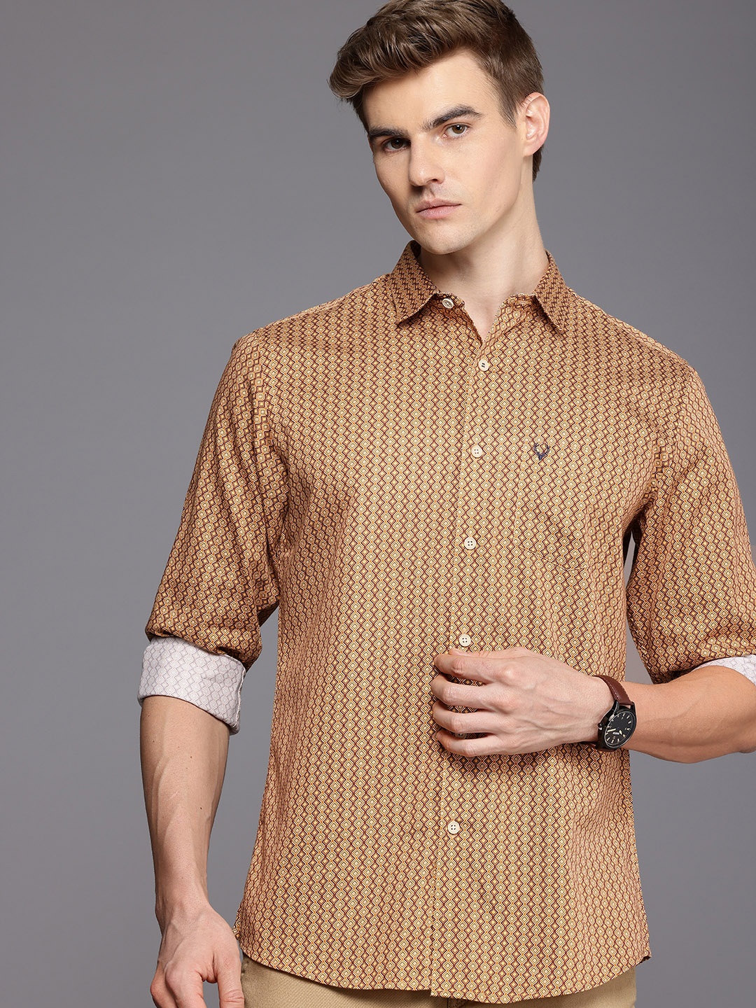 

Allen Solly Pure Cotton Classic Fit Geometric Printed Casual Shirt, Brown