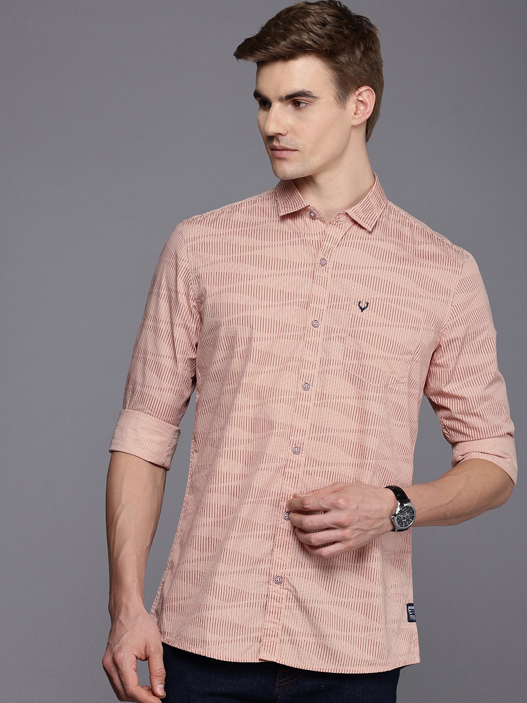 

Allen Solly Custom Slim Fit Vertical Stripes Pure Cotton Casual Shirt, Peach