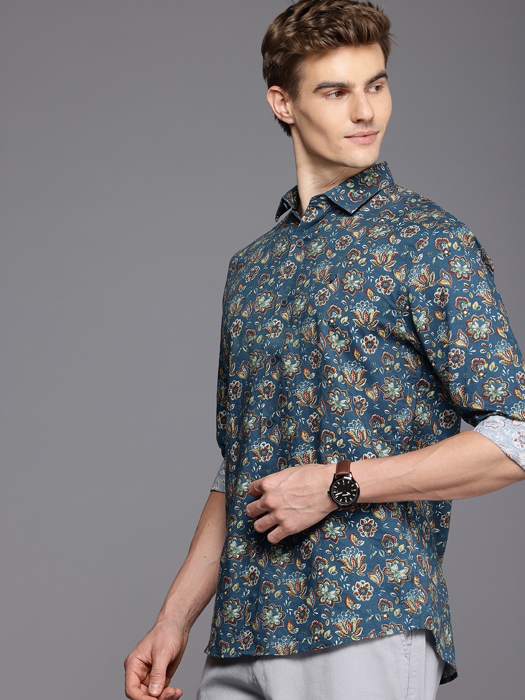 

Allen Solly Linen Cotton Classic Fit Floral Printed Casual Shirt, Blue