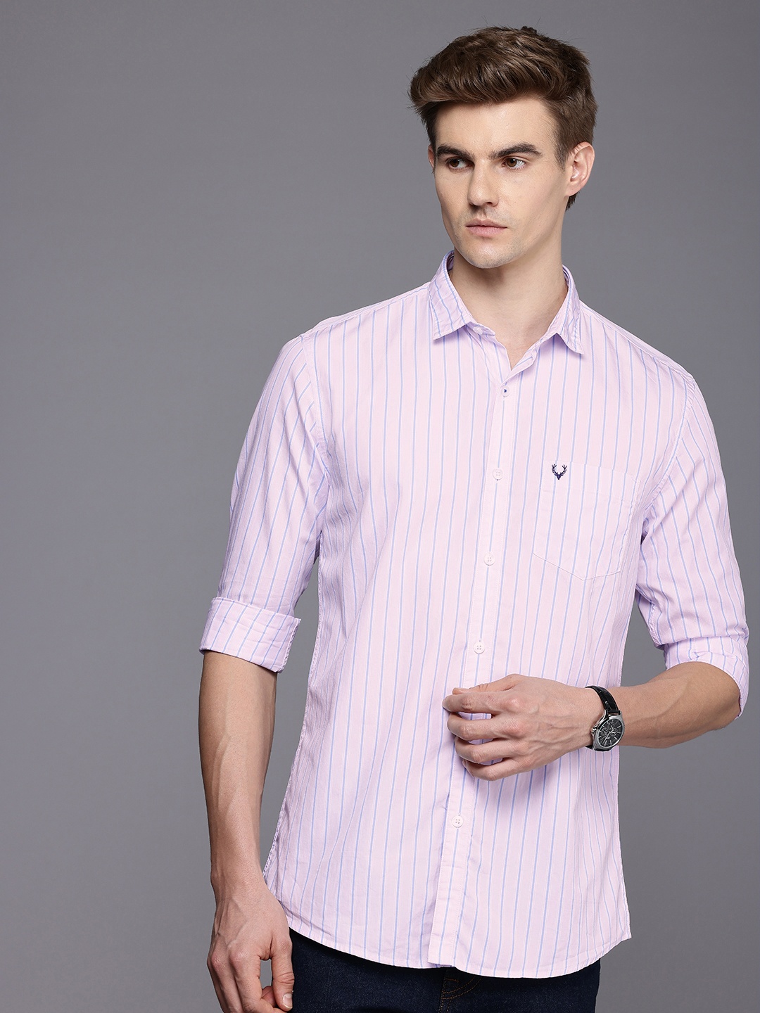 

Allen Solly Classic Fit Striped Cutaway Collar Pure Cotton Casual Shirt, Pink