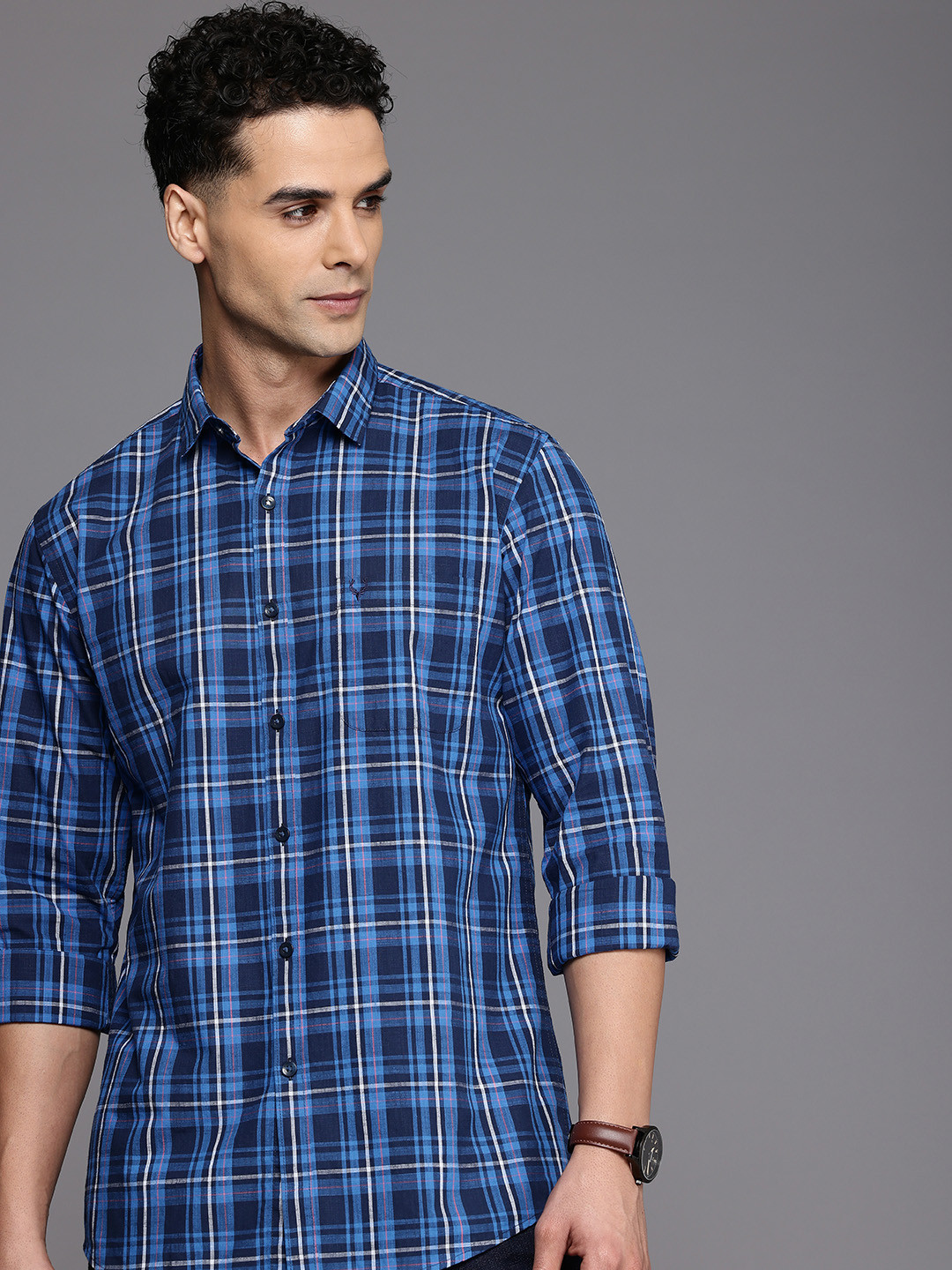 

Allen Solly Classic Opaque Checked Pure Cotton Casual Shirt, Navy blue