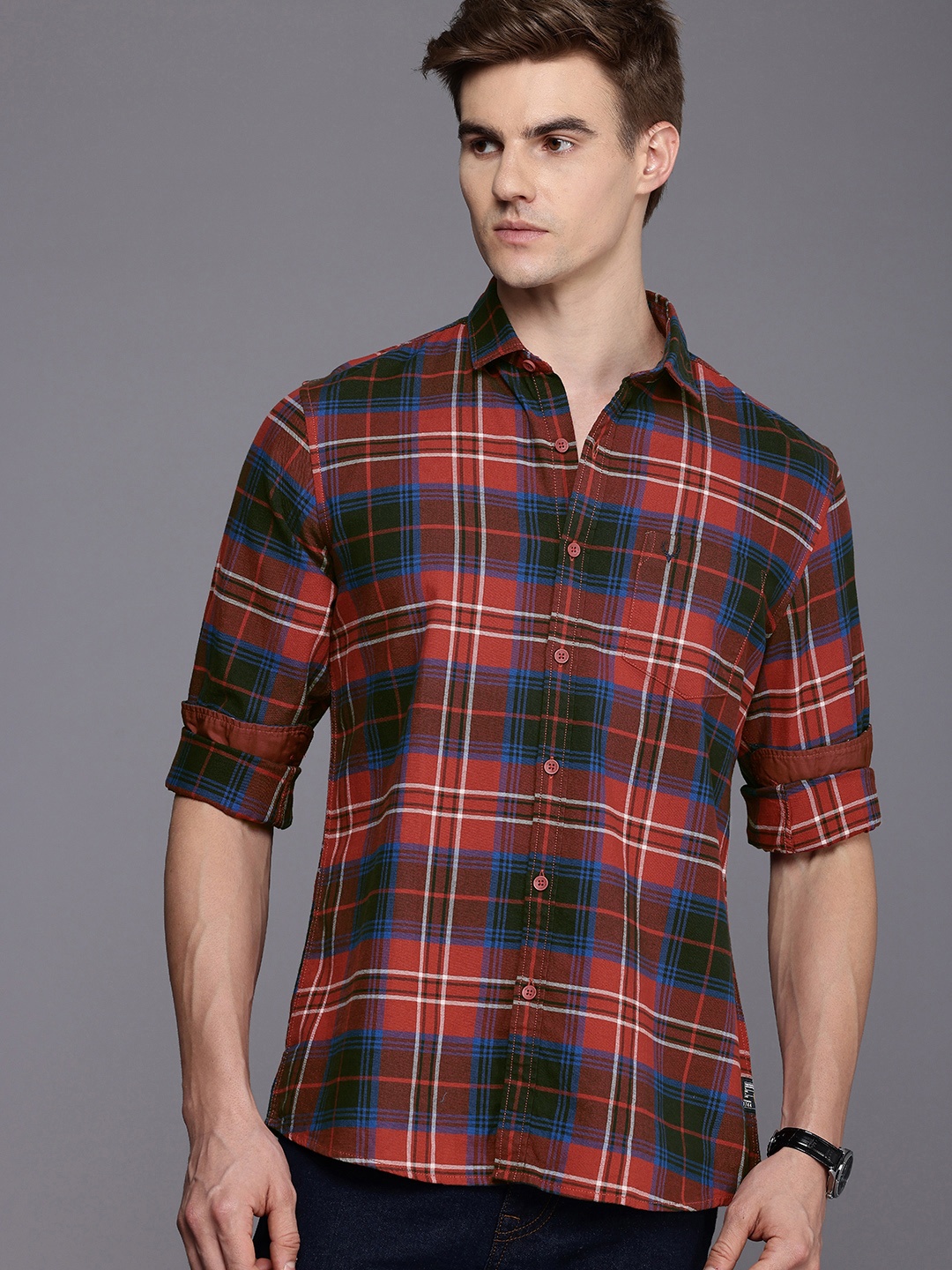 

Allen Solly Custom Slim Fit Checked Pure Cotton Casual Shirt, Red