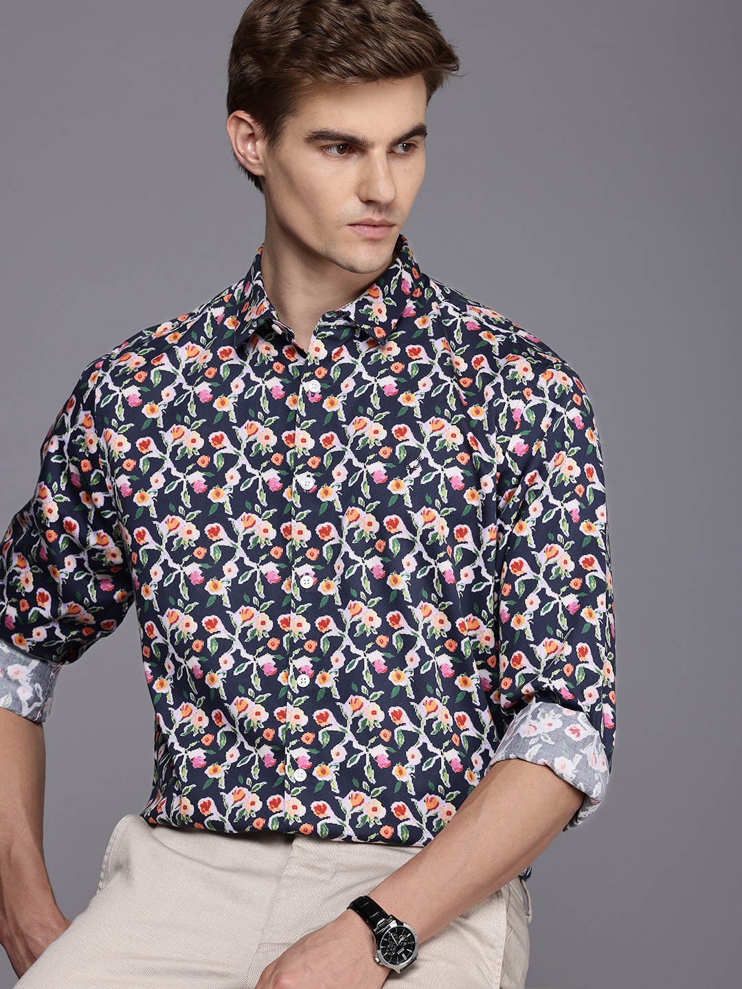 

Allen Solly Classic Fit Floral Printed Pure Cotton Casual Shirt, Navy blue