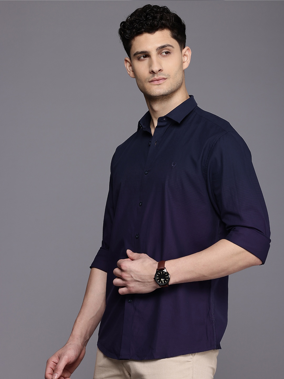 

Allen Solly Classic Fit Striped Pure Cotton Casual Shirt, Navy blue