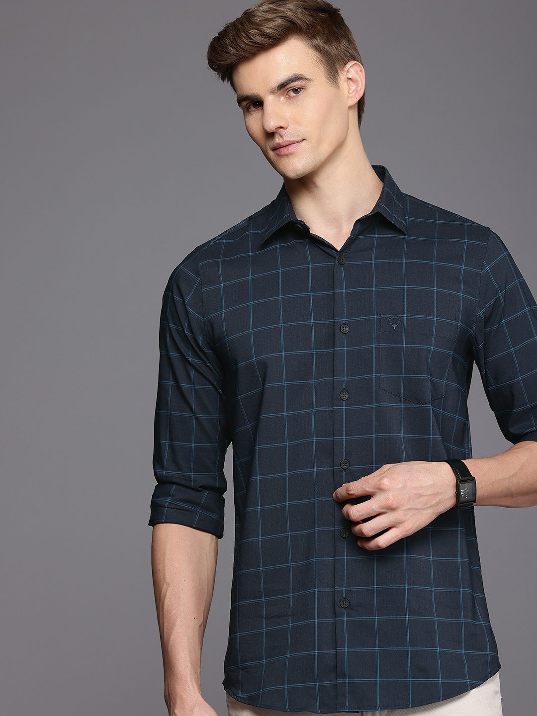 

Allen Solly Comfy Slim Fit Windowpane Checks Opaque Checked Casual Shirt, Navy blue