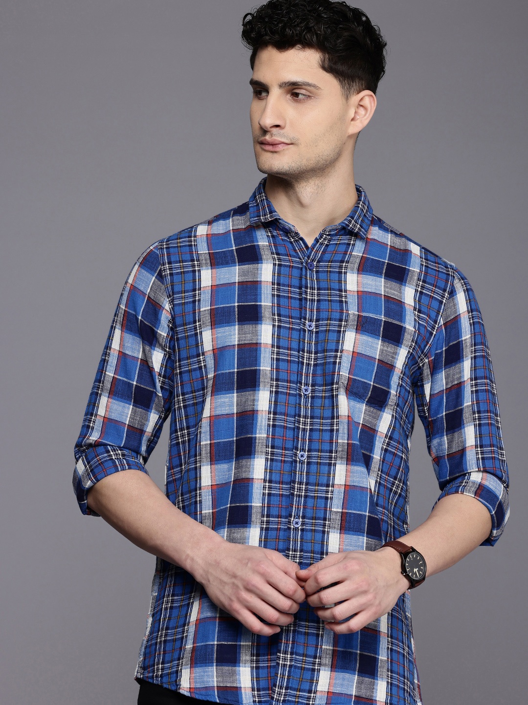 

Allen Solly Custom Slim Fit Checked Pure Cotton Casual Shirt, Blue