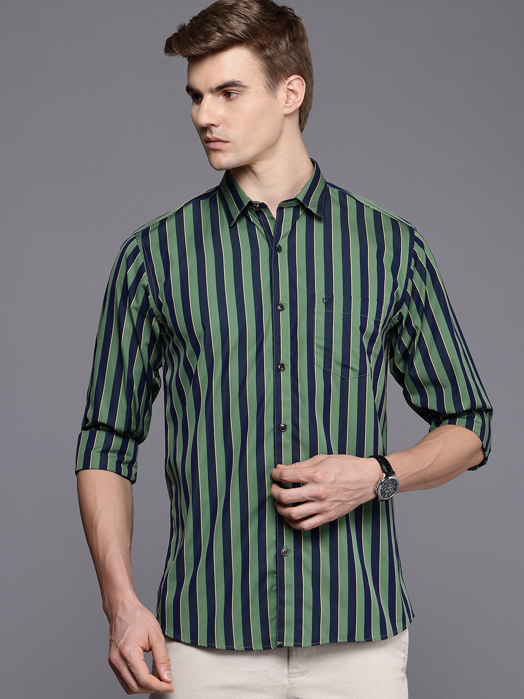 

Allen Solly Pure Cotton Sport Fit Striped Casual Shirt, Green