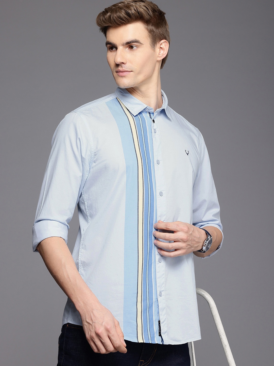 

Allen Solly Pure Cotton Custom Slim Fit Opaque Striped Casual Shirt, Blue