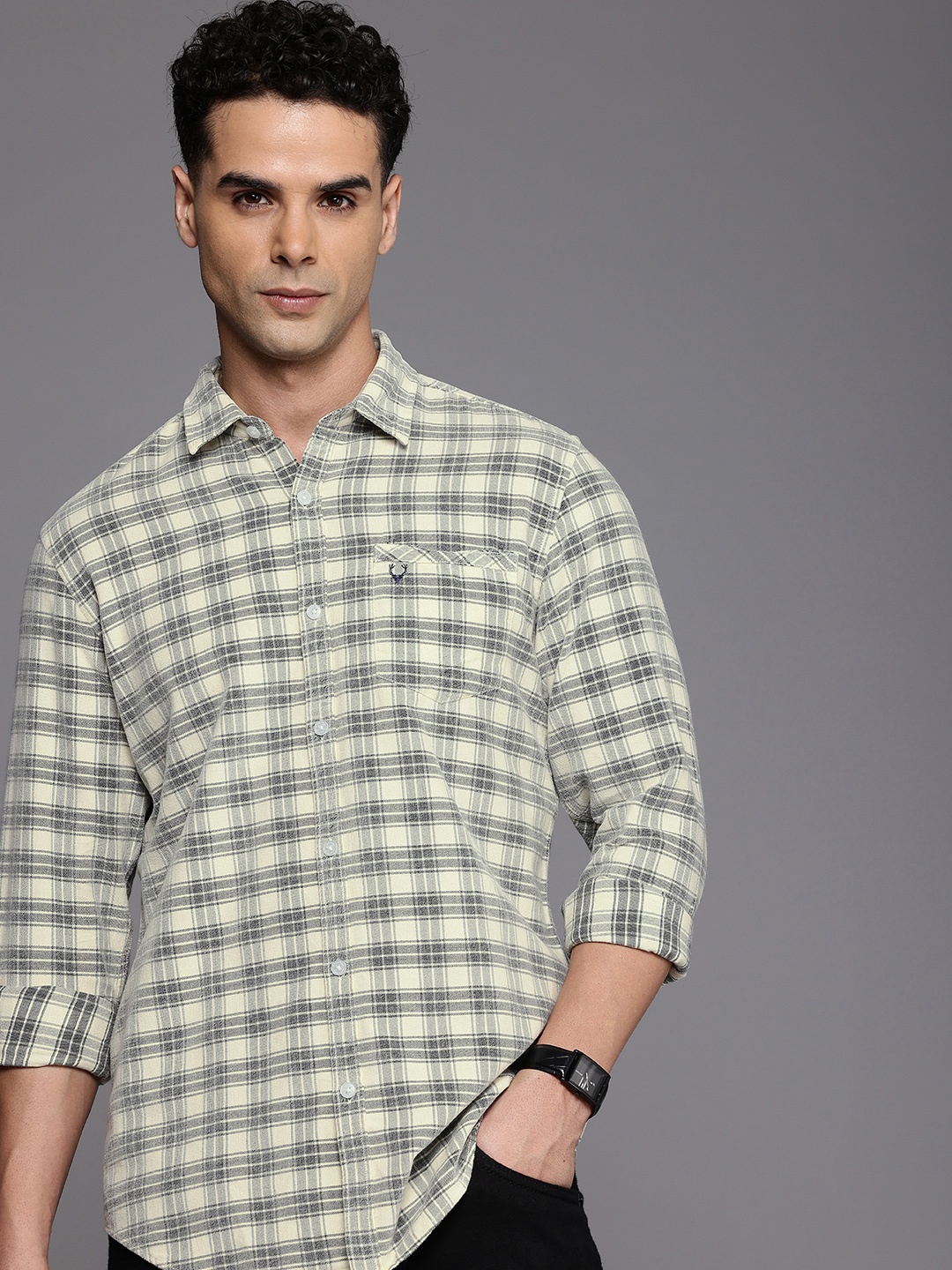 

Allen Solly Pure Cotton Custom Slim Fit Flannel Checked Casual Shirt, Beige
