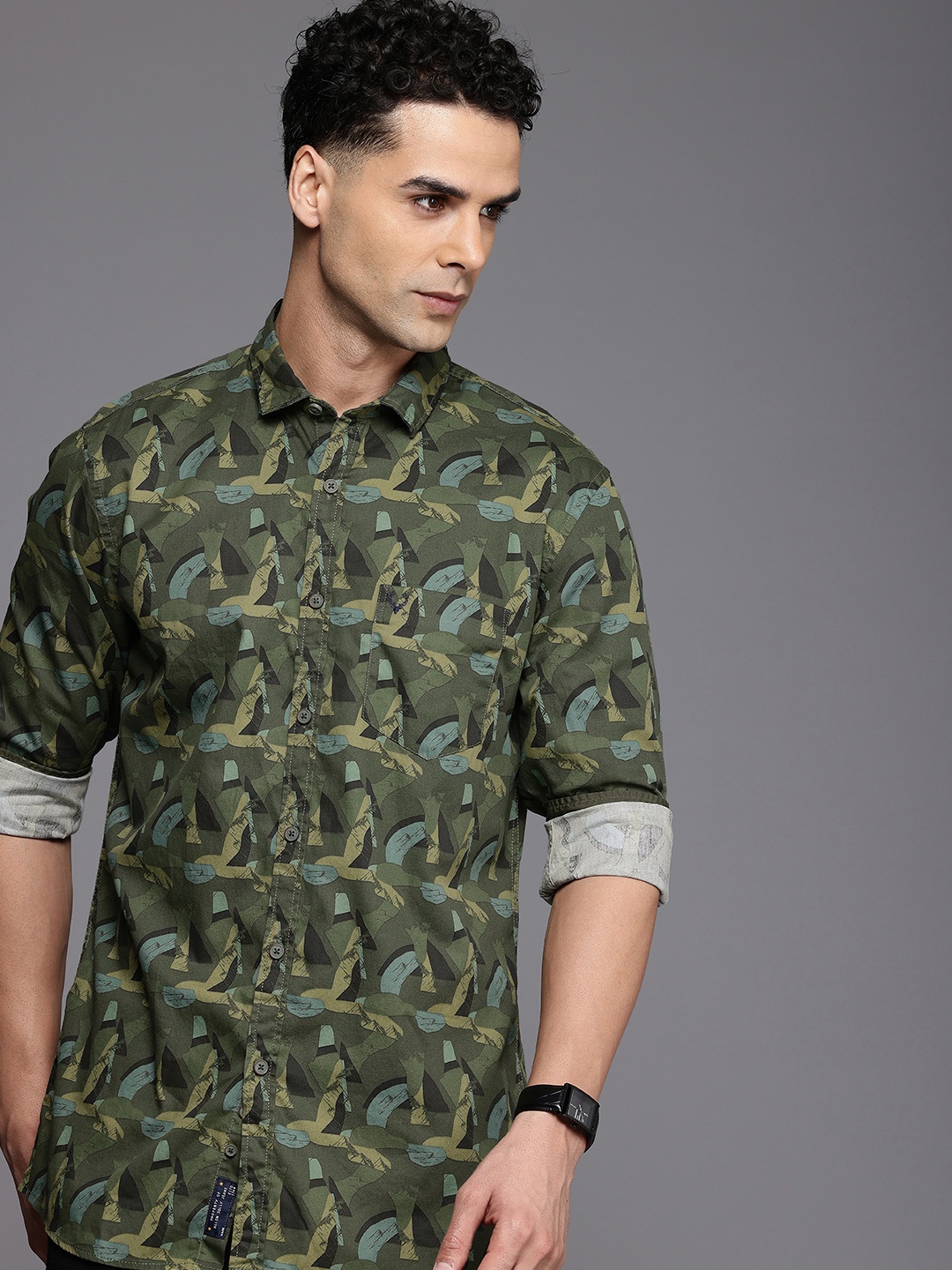 

Allen Solly Pure Cotton Custom Slim Fit Opaque Printed Casual Shirt, Olive