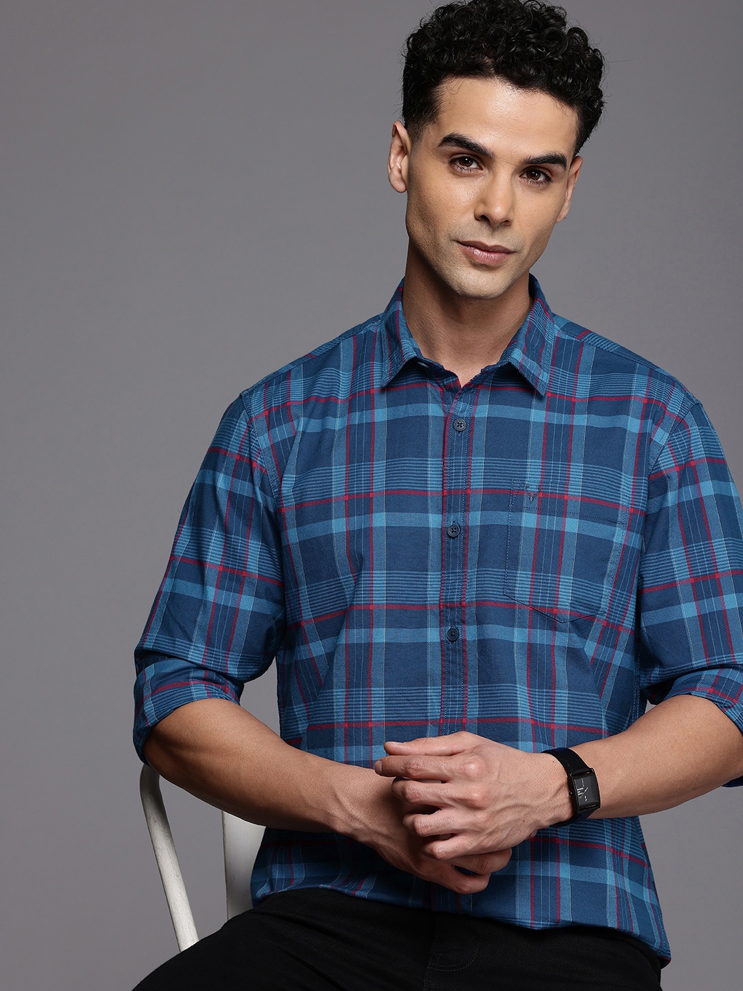 

Allen Solly Pure Cotton Custom Slim Fit Opaque Checked Casual Shirt, Navy blue