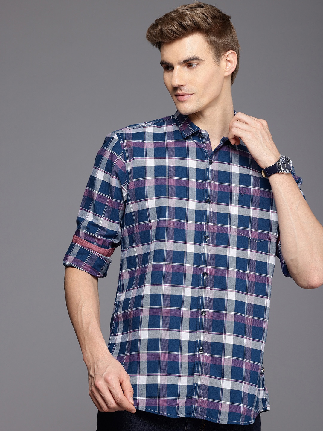 

Allen Solly Custom Slim Fit Tartan Checked Casual Shirt, Navy blue