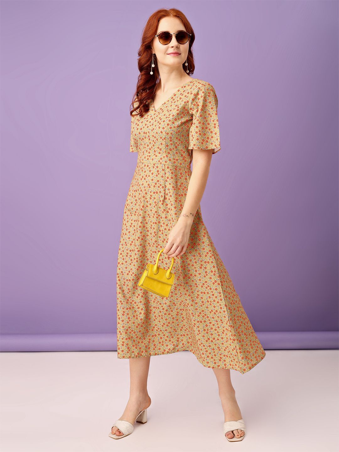 

RAISIN Floral Printed V-Neck Short Sleeves A-Line Midi Dress, Brown