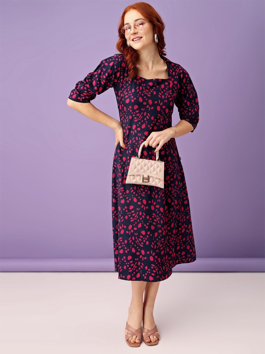

RAISIN Printed Puff Sleeve Georgette A-Line Midi Dress, Navy blue