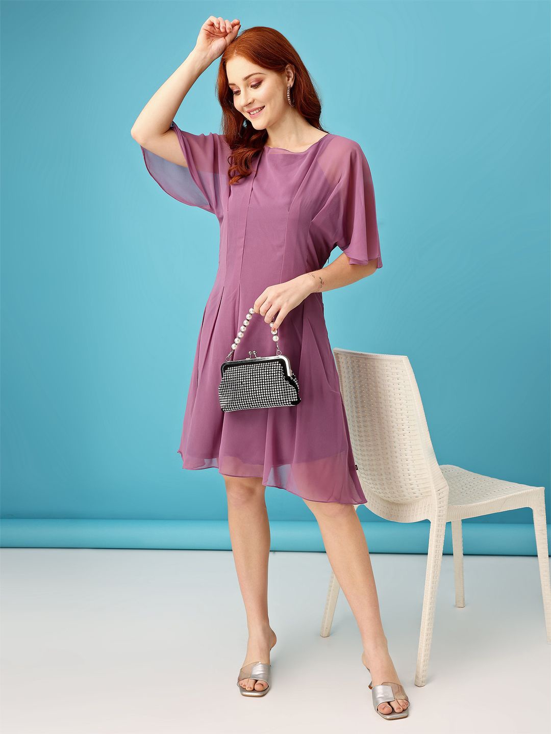 

RAISIN Women Round Neck Flared Sleeve Georgette A-Line Knee Length Dress, Lavender