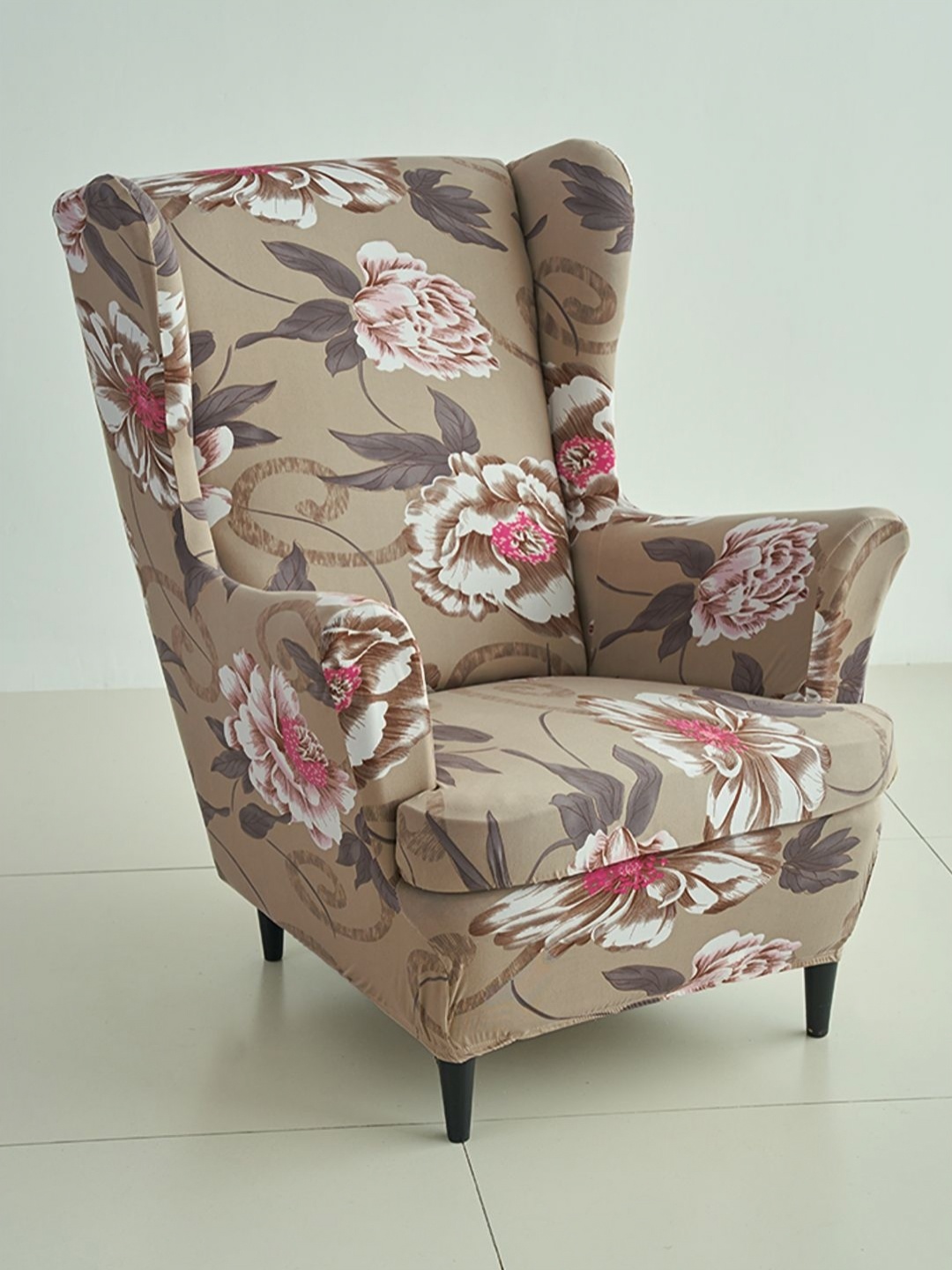 

HOKIPO Beige Printed 140 GSM Stretchable Wing Chair Cover