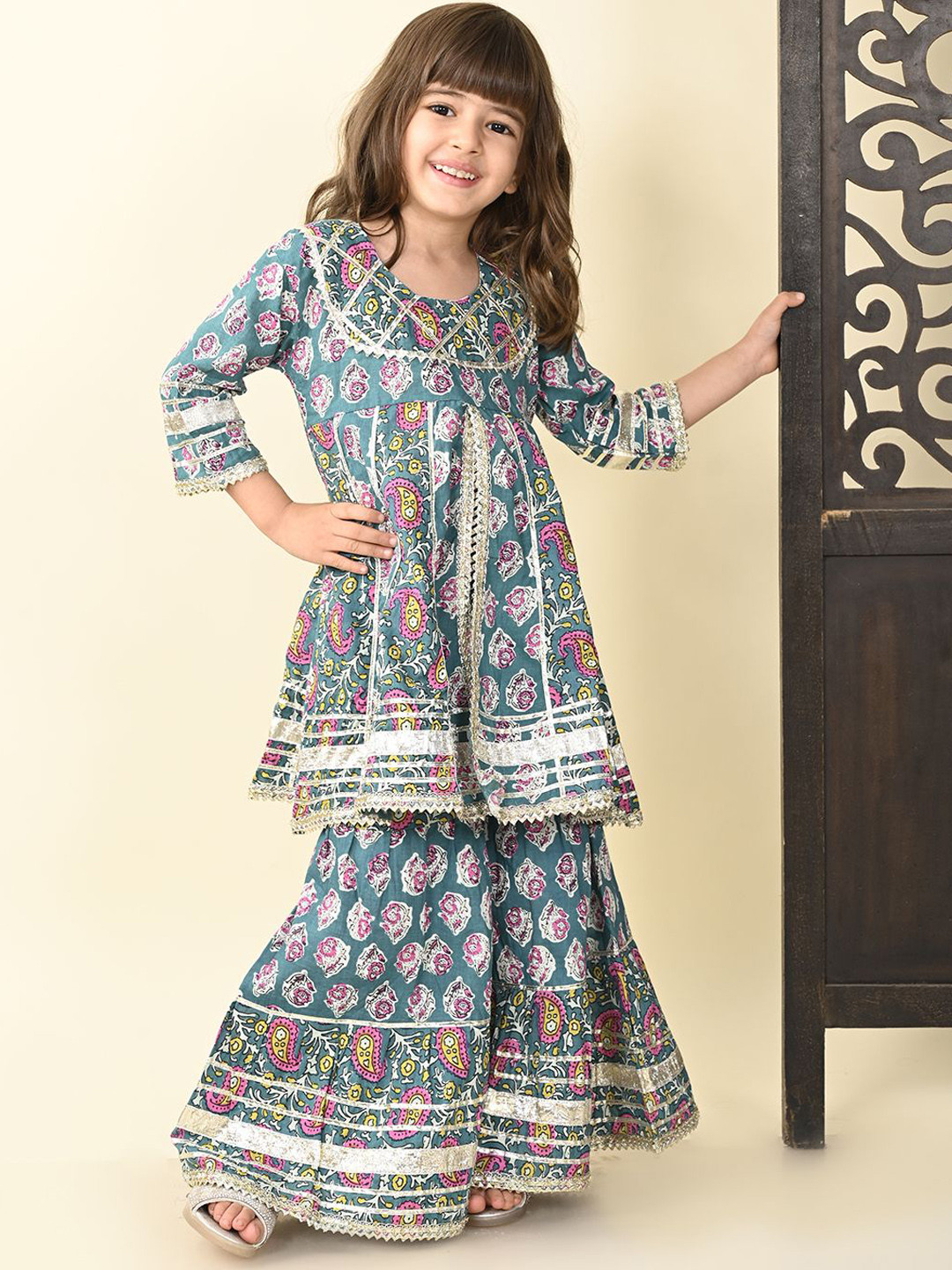

Superminis Girls Ethnic Motifs Printed Gotta Patti Pure Cotton Kurti with Sharara, Green