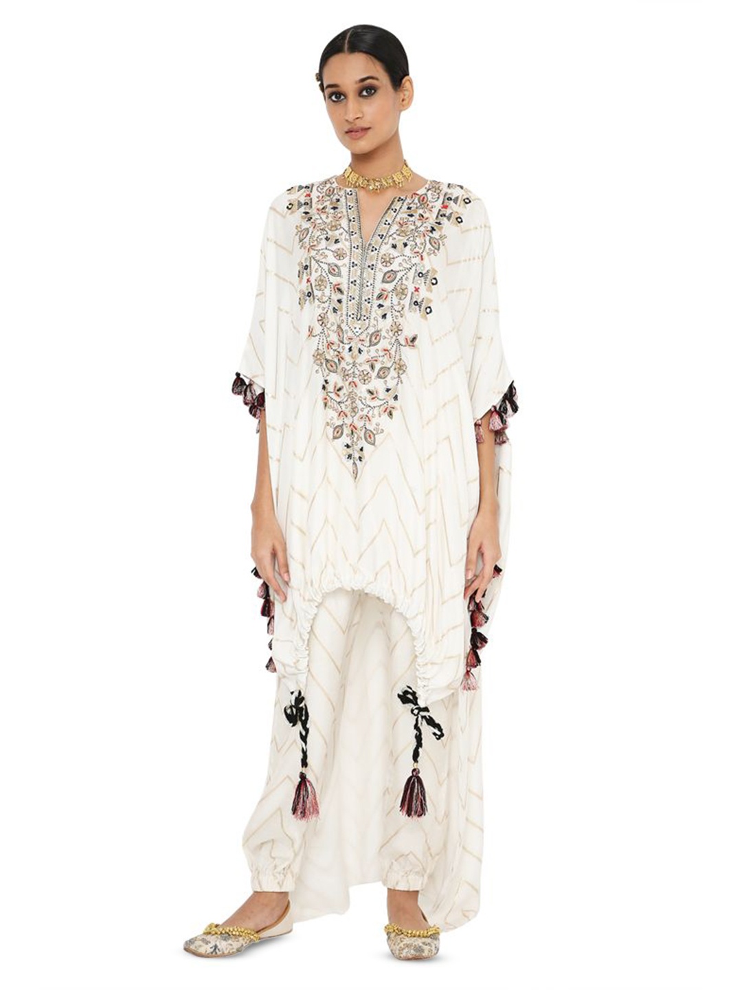 

Payal Singhal Floral Embroidered Kaftan Maxi Kurta & Pyjama Kurta Sets, Off white