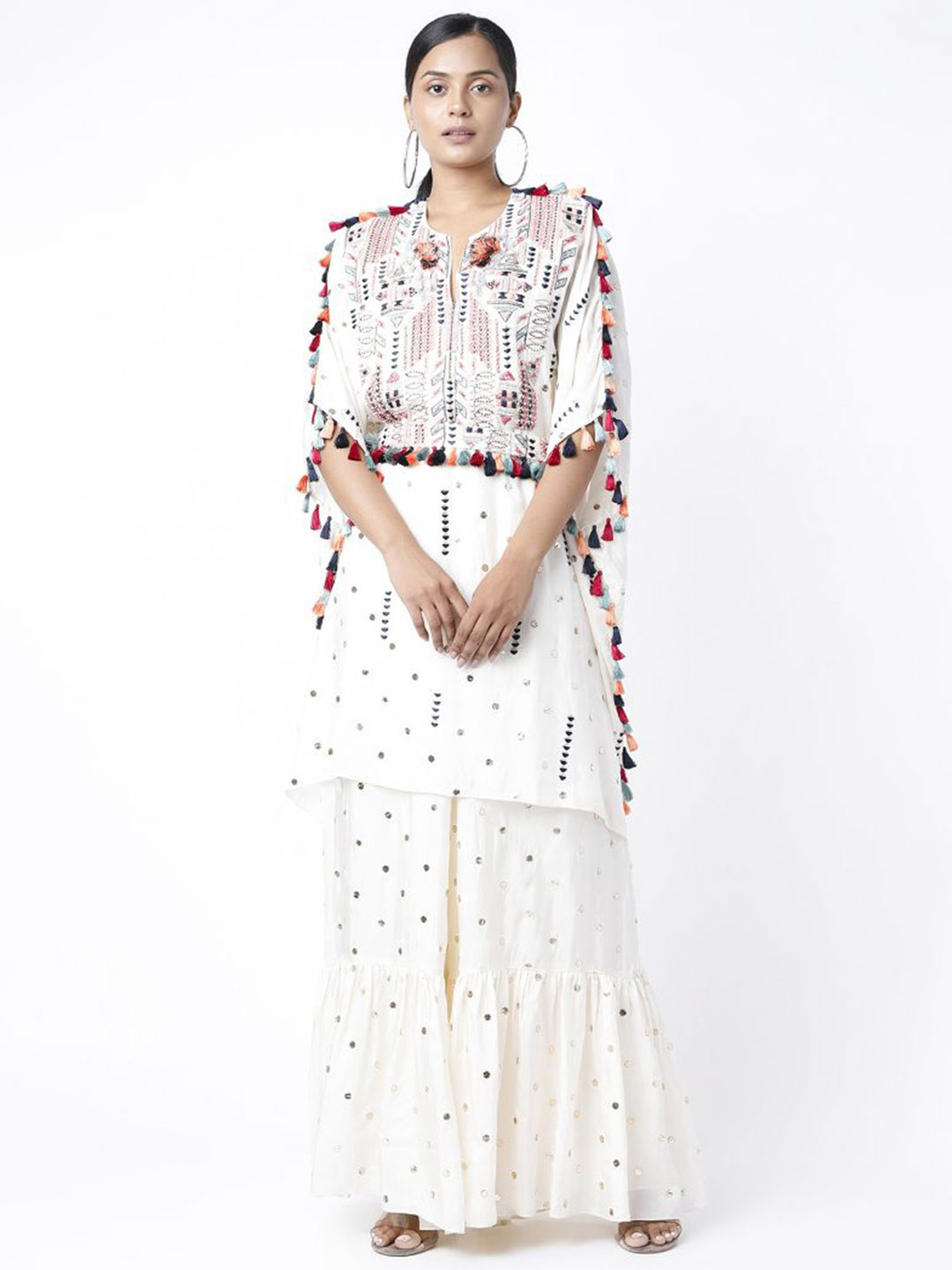 

Payal Singhal Mukaish Georgette Embroidered Yoke Kaftaan With Belt And Frill Palazzo, White