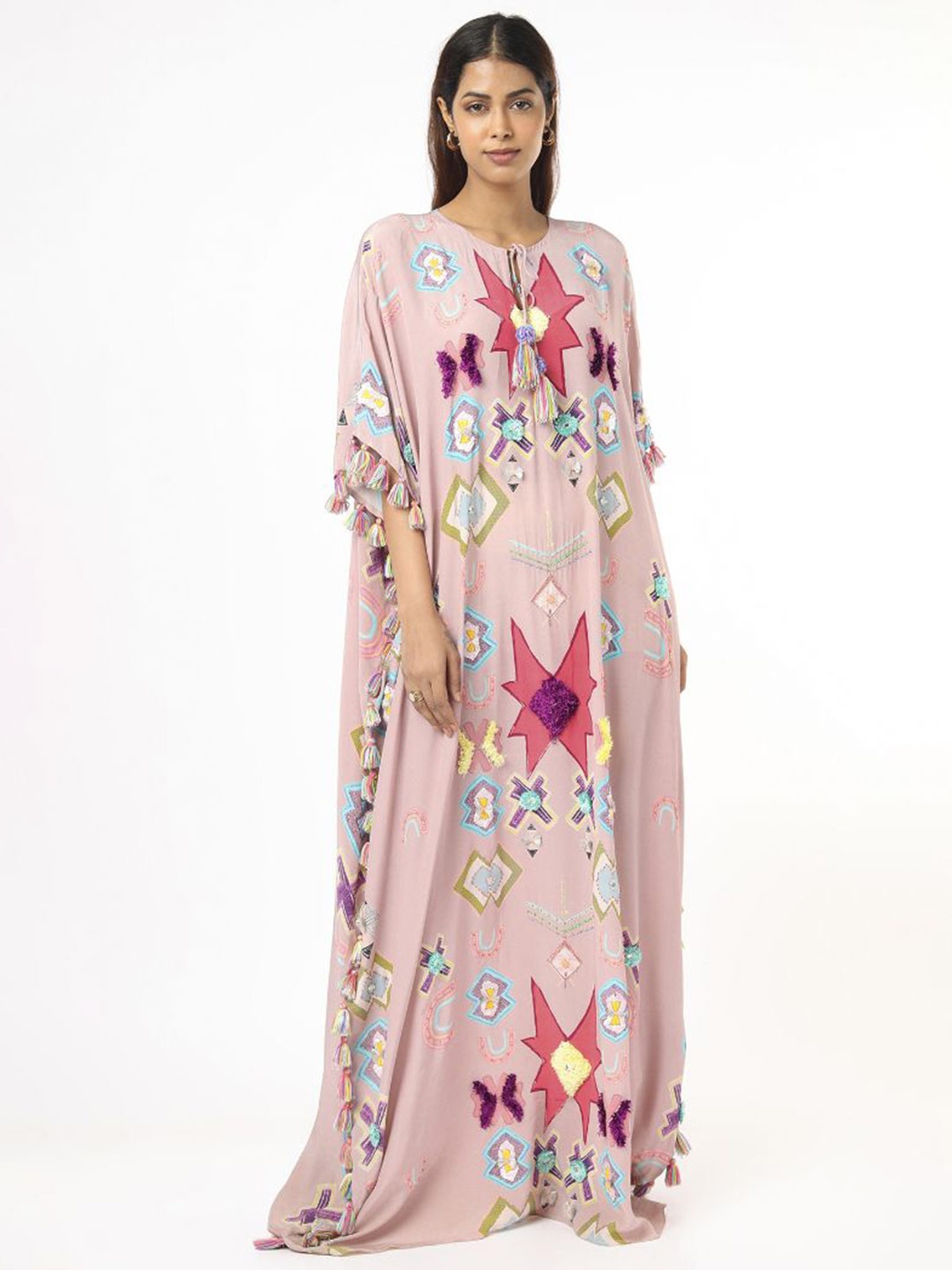 

Payal Singhal Pink Big Ikat Star Print Crepe Front Embroidered Kaftan With Tassels