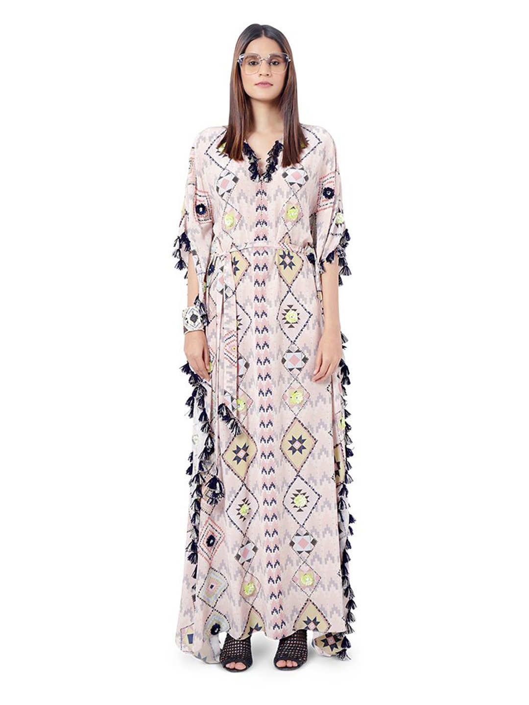 

Payal Singhal Kyra Blush Pink Colour Crepe Embroidered Kaftan with Belt