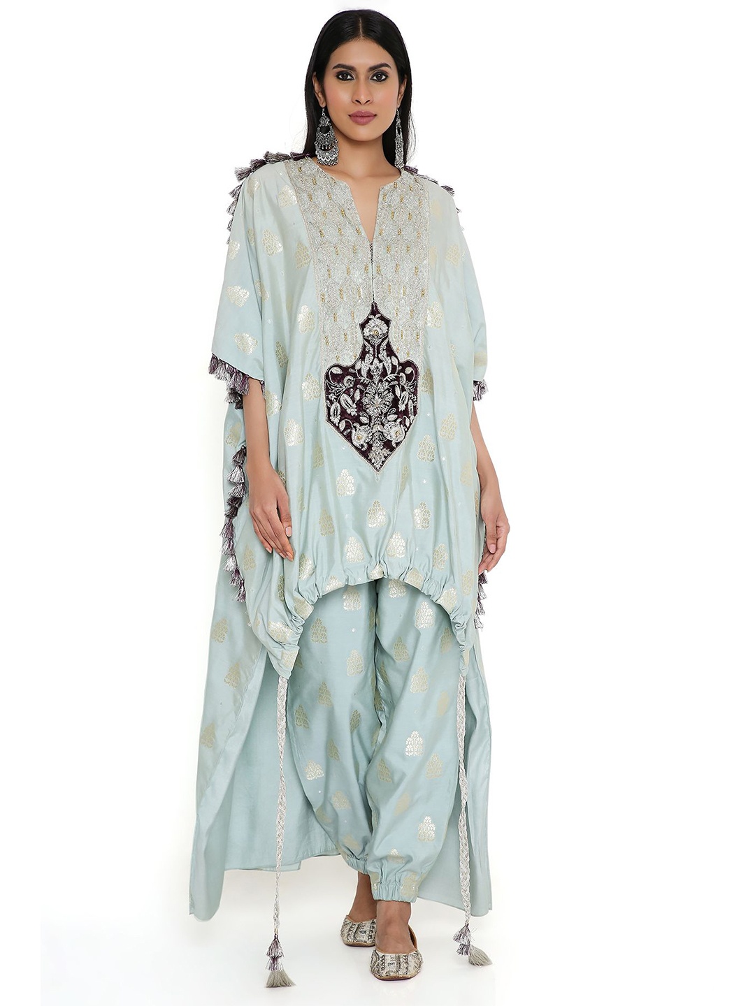 

Payal Singhal Powder Blue Banarasi High Low Kurta With Jogger Pant