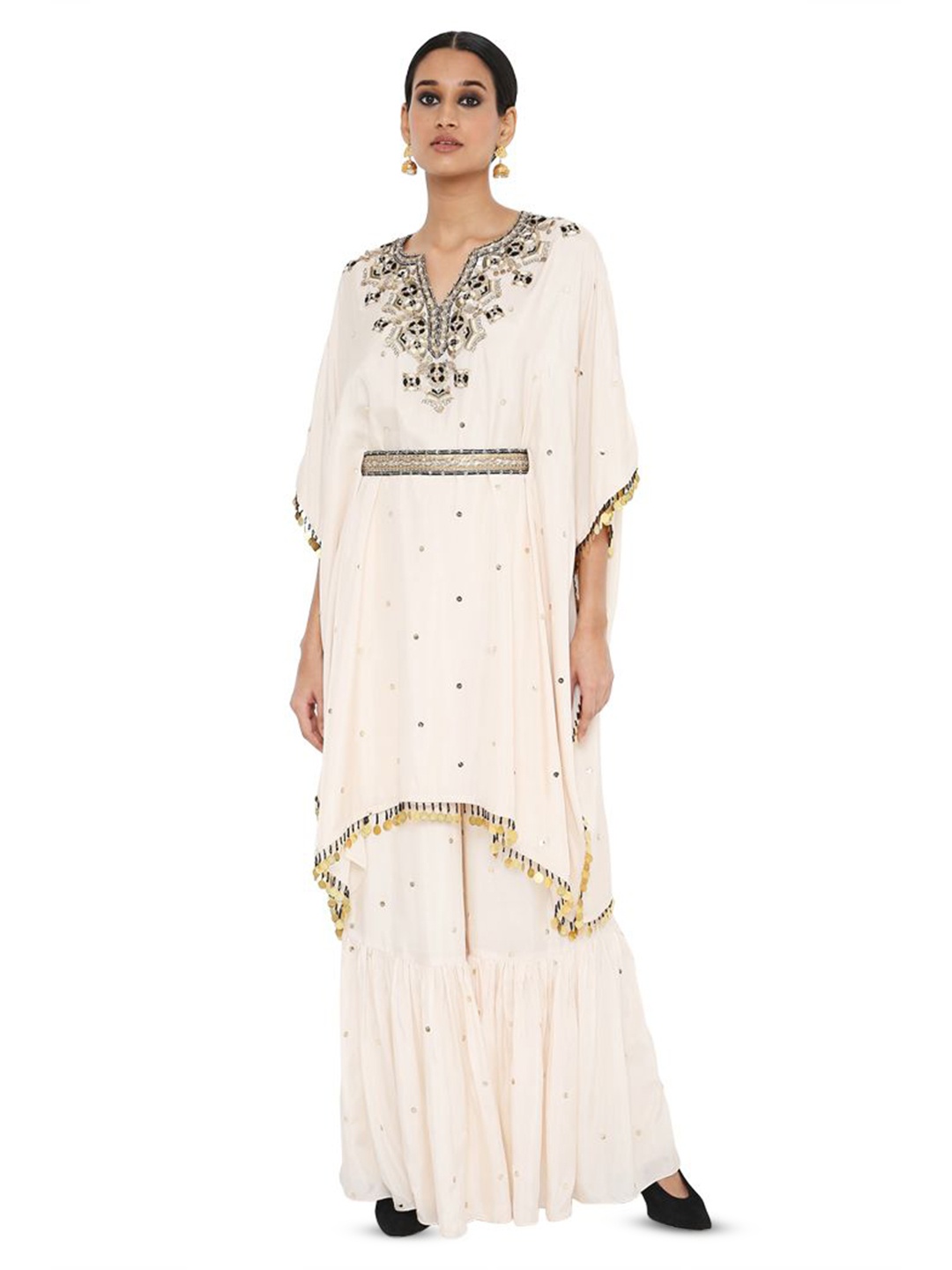 

Payal Singhal Embroidered Kaftan And Sharara With Belt, White