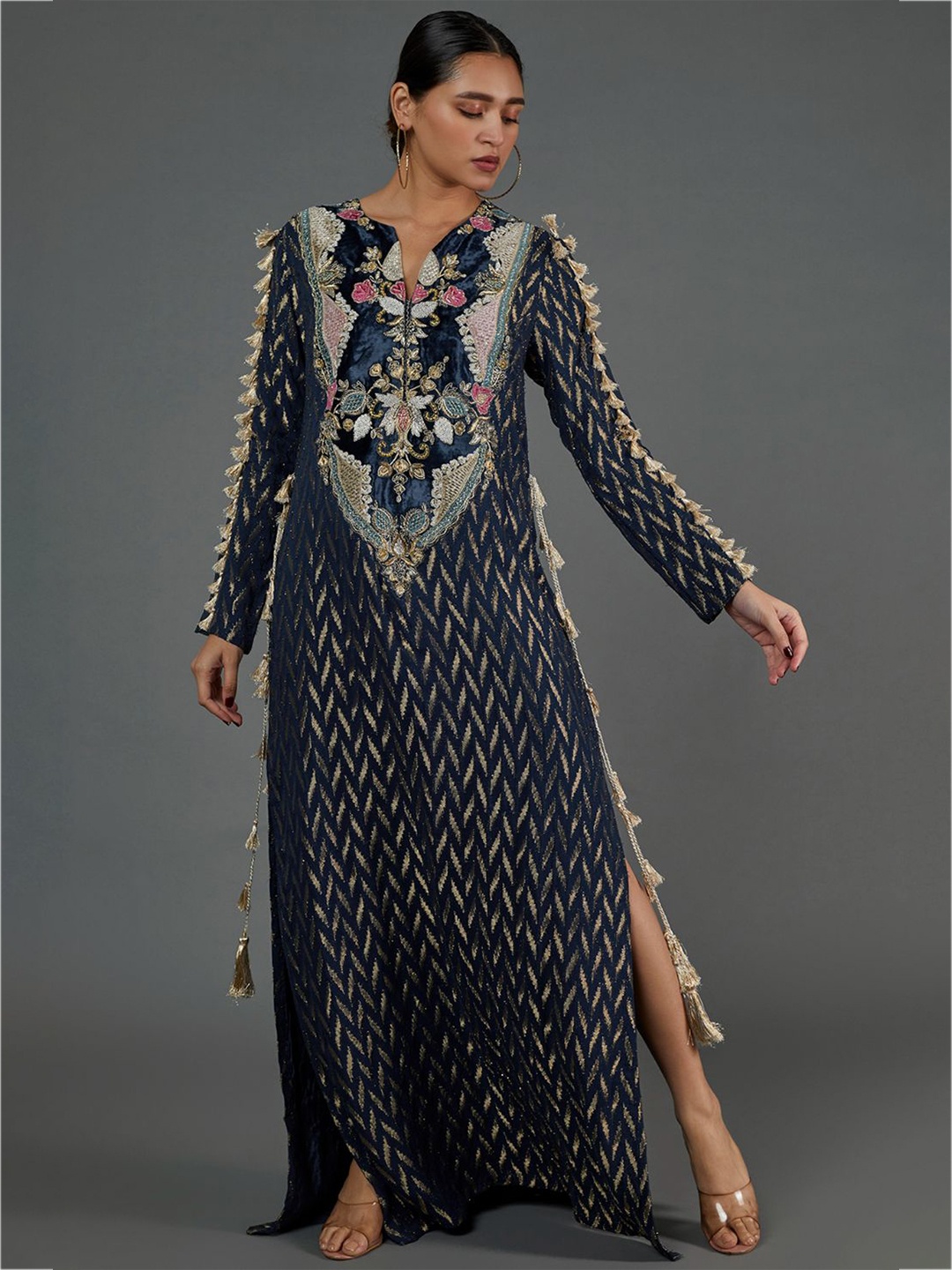 

Payal Singhal Embroidered Long Sleeves Kaftan Ethnic Dress, Navy blue