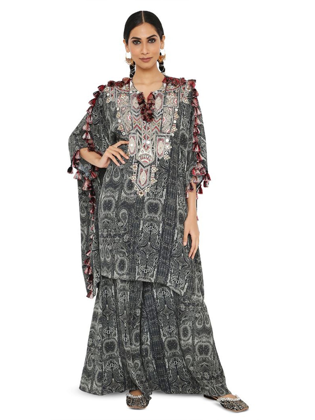 

Payal Singhal Embroidered Mirror Work Kaftan With Palazzo, Black