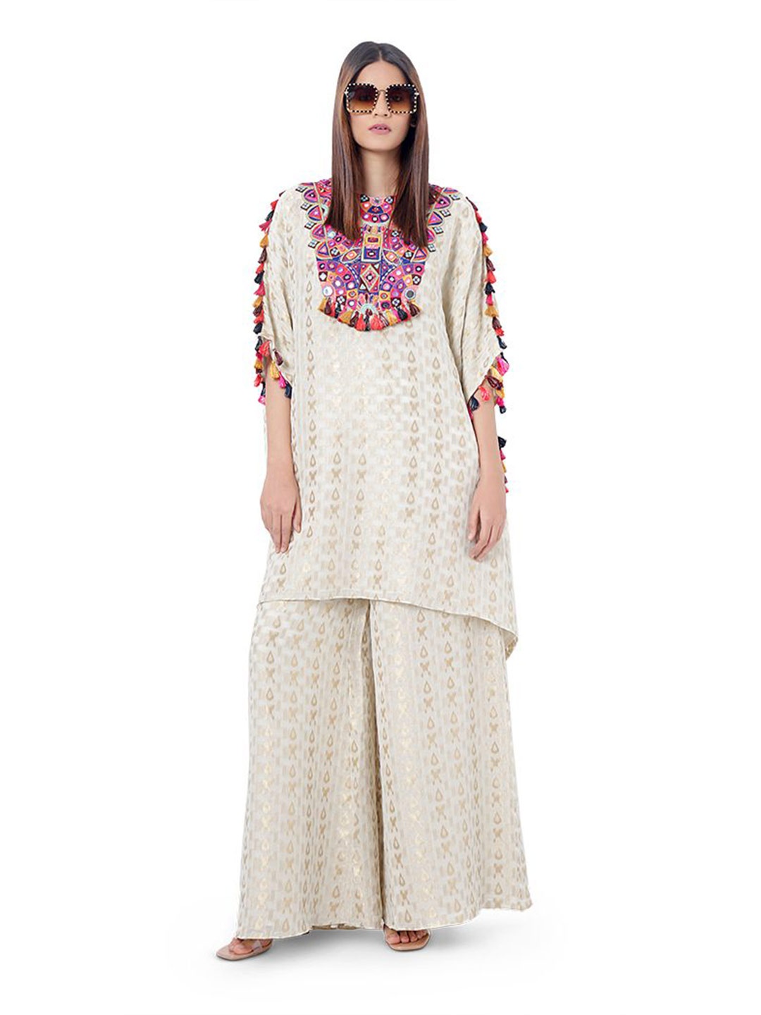 

Payal Singhal Hafsa Chalk White Colour Ikat Brocade Georgette Embroidered Short Kaftan