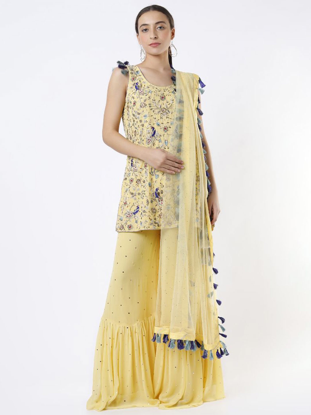 

Payal Singhal Women Embroidered Kurta With One Frill Sharara, Yellow