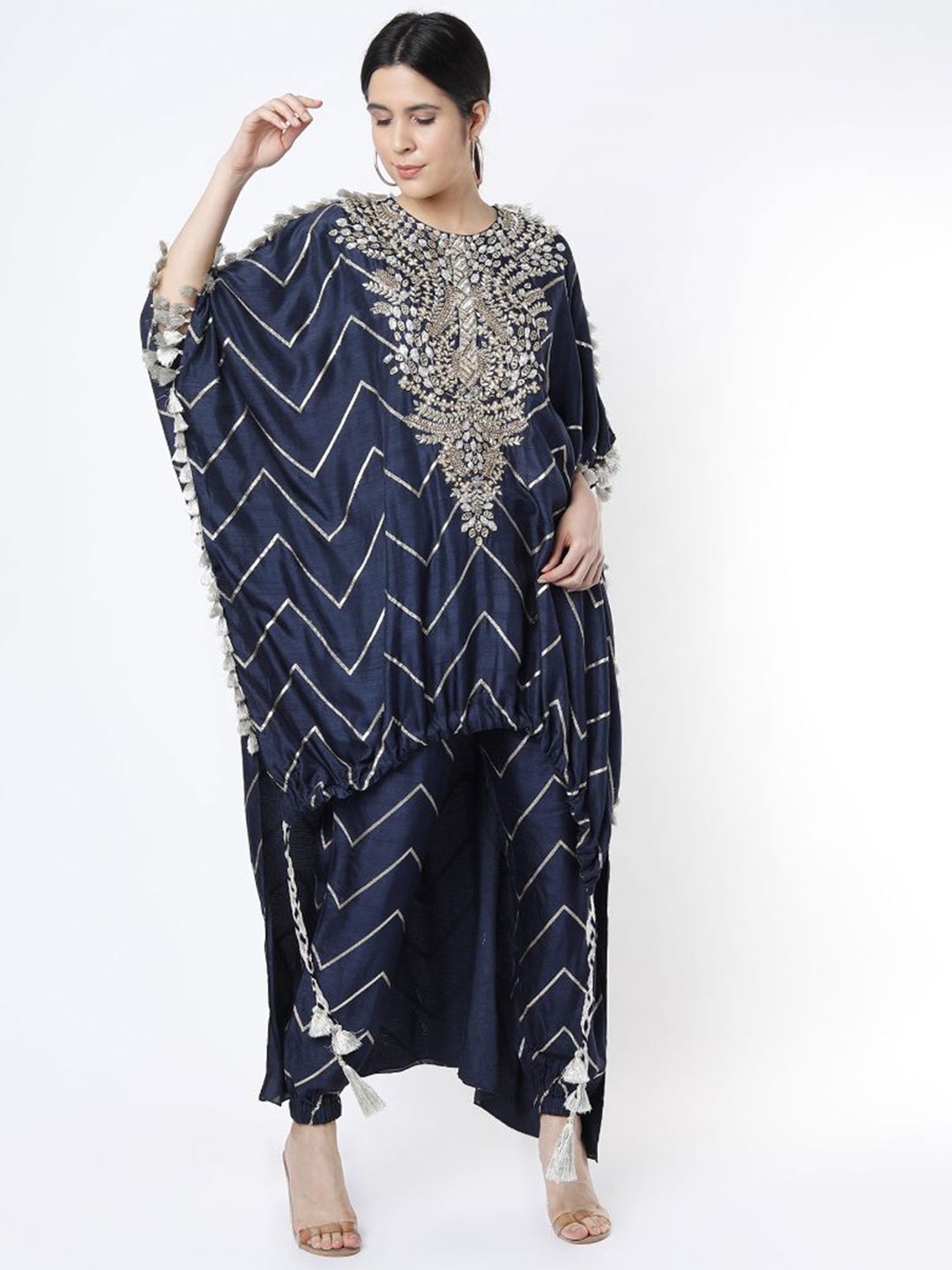 

Payal Singhal Embroidered High Low Kaftan Top With Jogger Pants, Navy blue