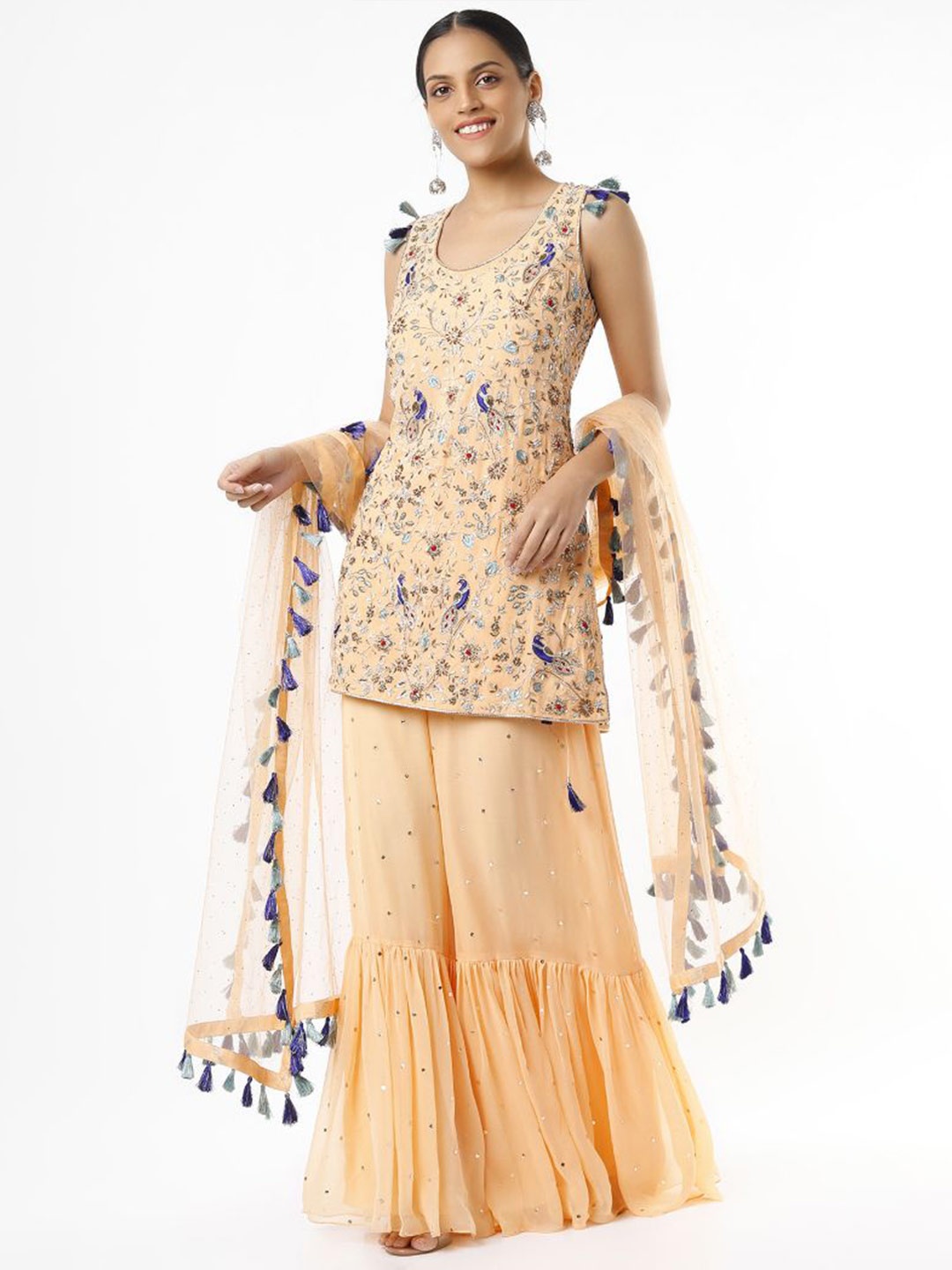 

Payal Singhal Embroidered Kurti With Net Dupatta and palazzo, Peach