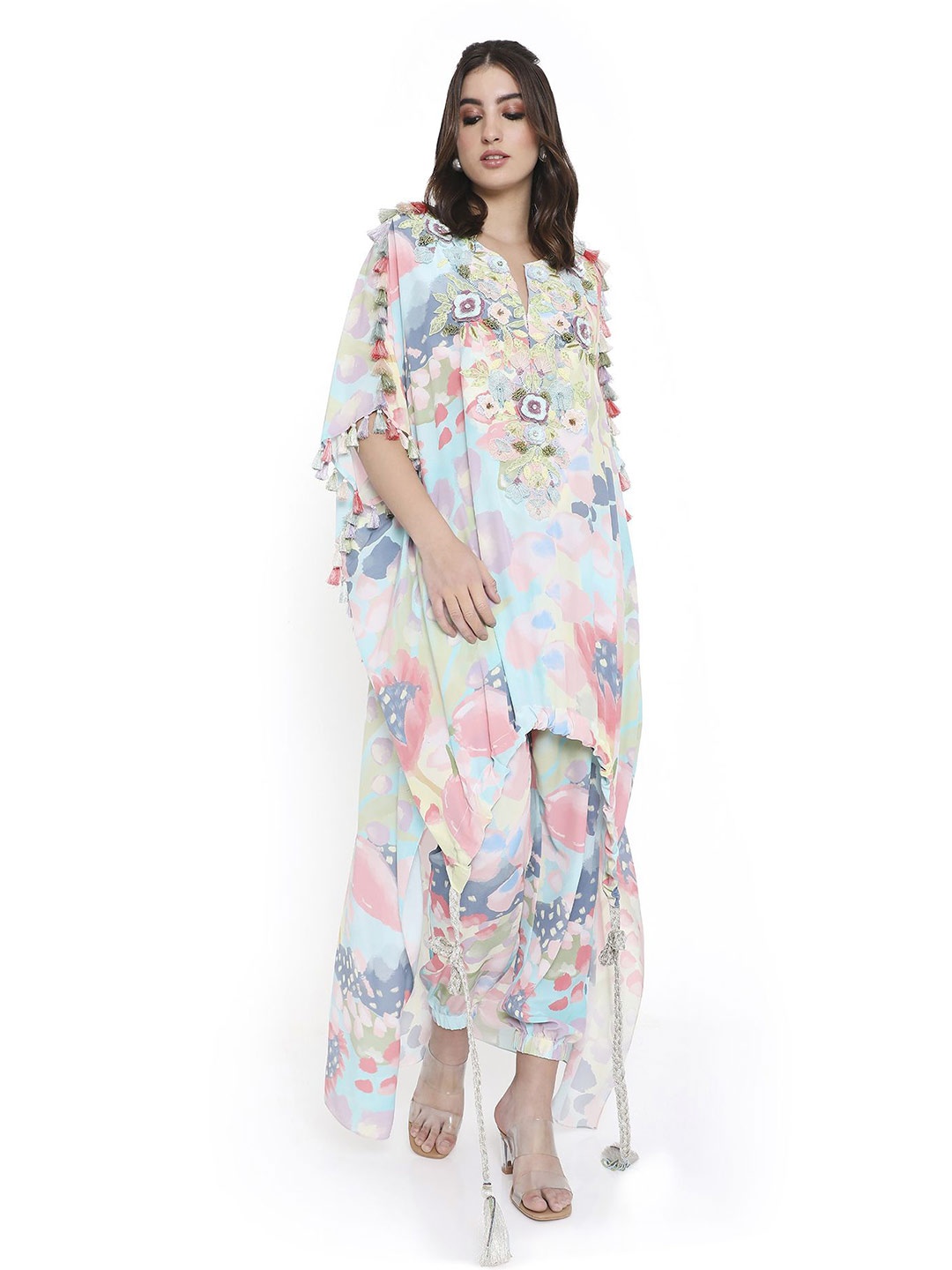 

Payal Singhal High-Low Embroidered Kaftan With Jogger Pant, Beige