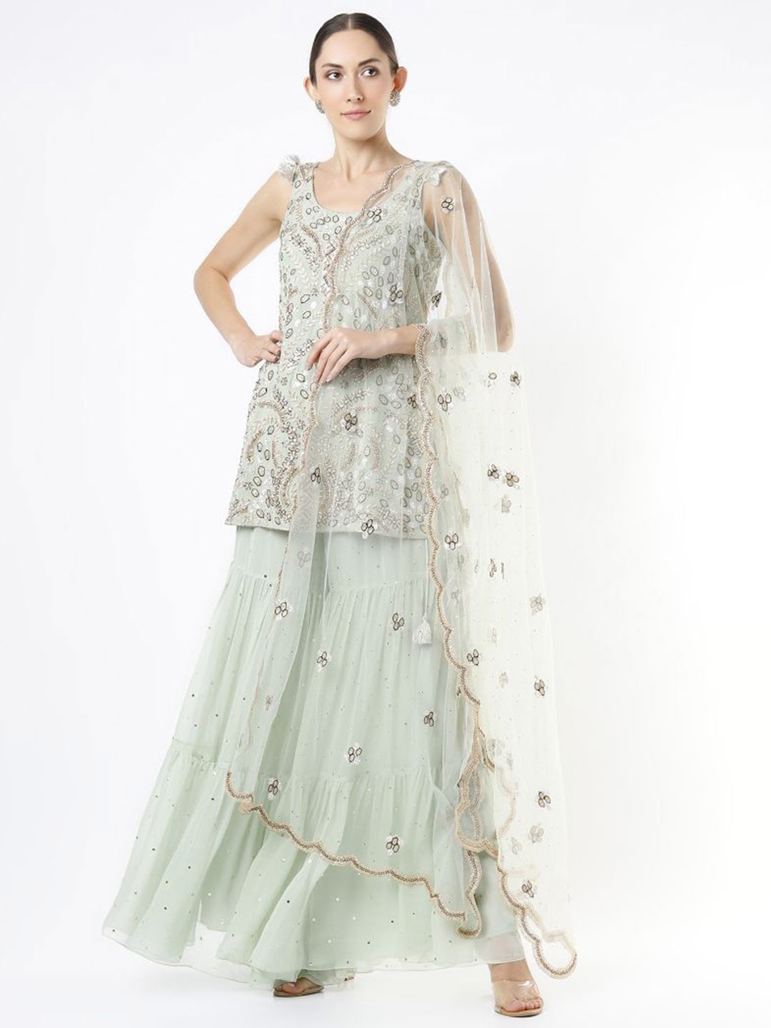 

Payal Singhal Embroidered Embellished Sharara Set with Dupatta, Green