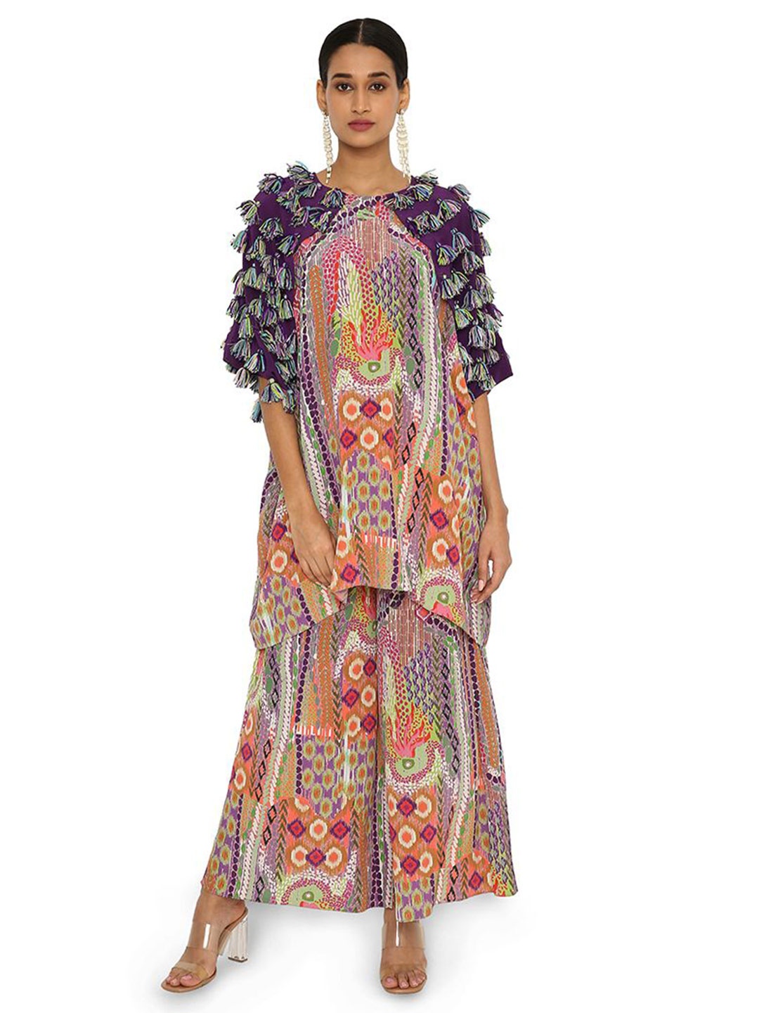 

Payal Singhal Printed Tunic Scallop Tasselled Shoulder & Palazzo Pants, Peach