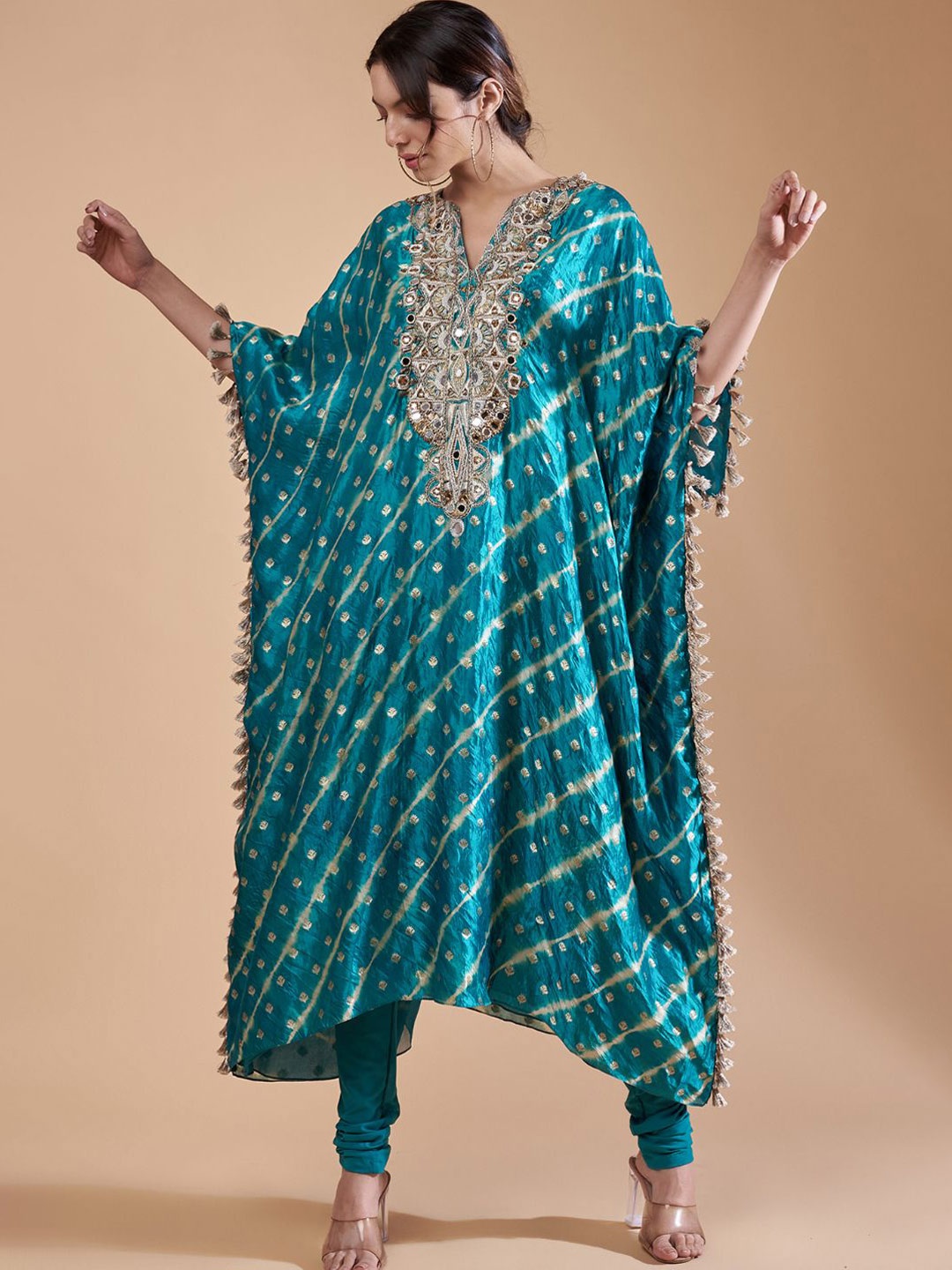 

Payal Singhal Leheriya Printed Embroidered Kaftan With Churidar, Teal