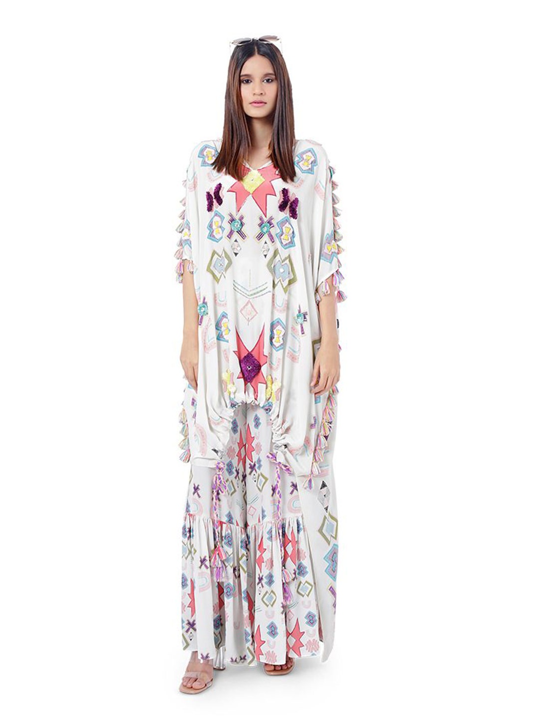

Payal Singhal Embroidered Kaftan with Frill Palazzo, White