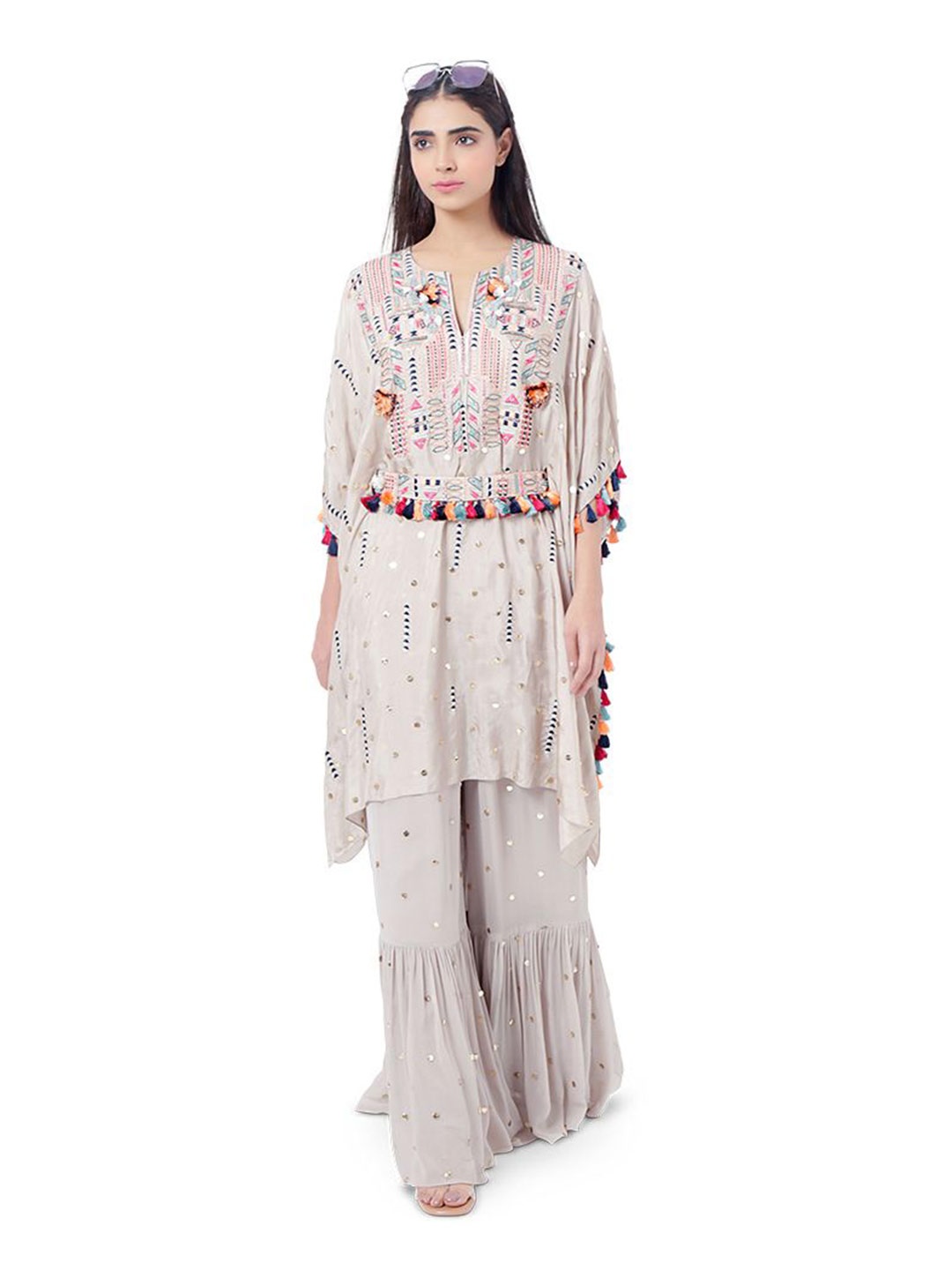

Payal Singhal Embroidered Kaftan With Palazzo, Grey