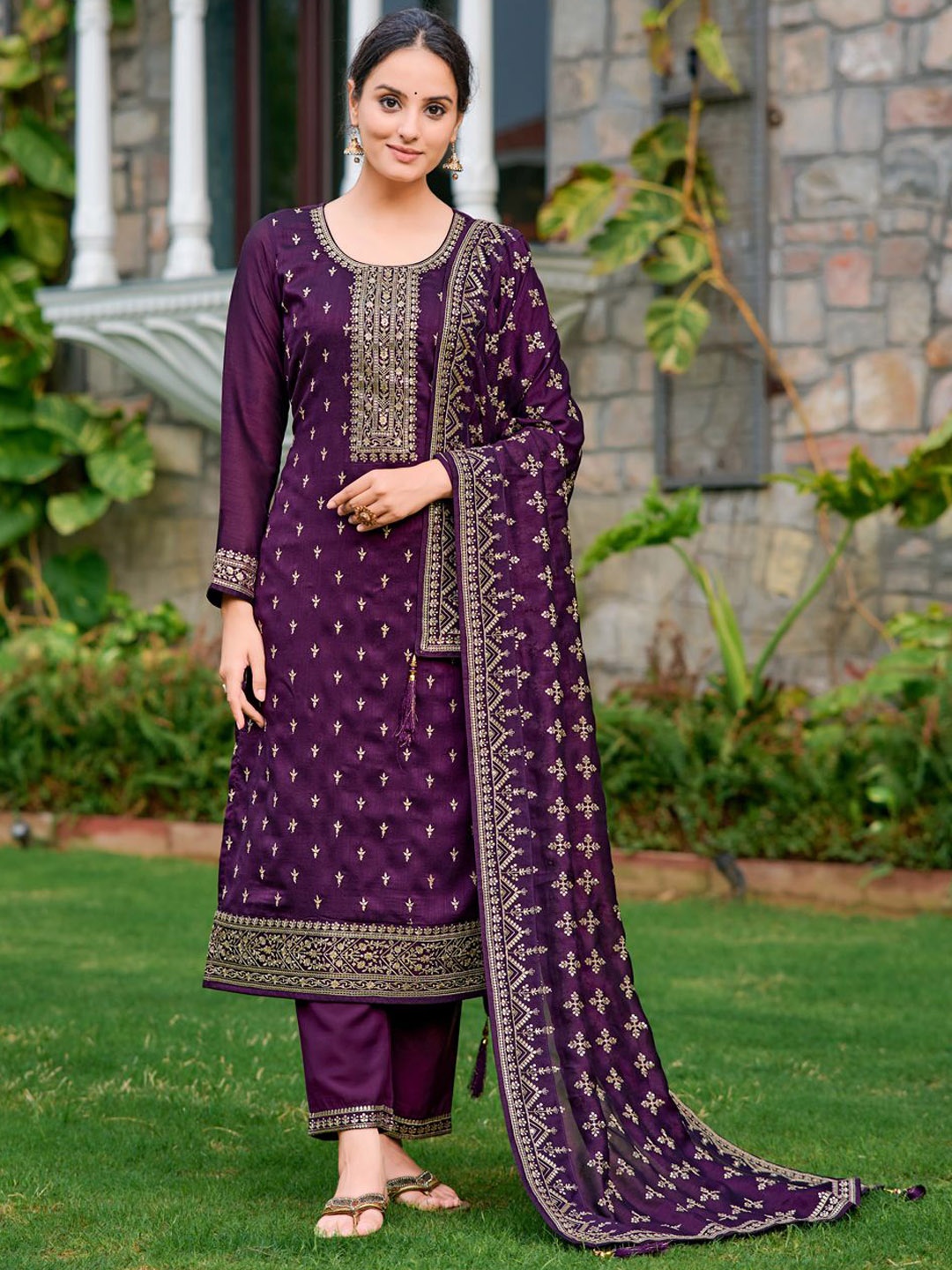 

KALINI Floral Embroidered Sequinned Straight Kurta with Trousers & Dupatta, Purple